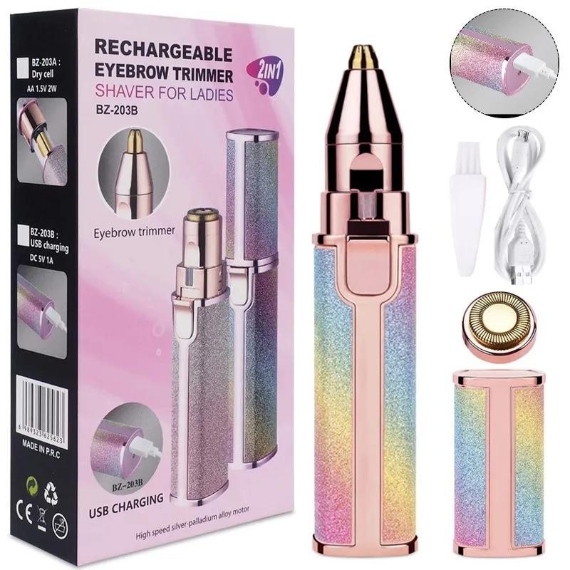 2 IN 1 Rechargeable Eyebrow Trimmer Electric Epilator Hair Removal Mini Painless Razor Shaver - Image 1