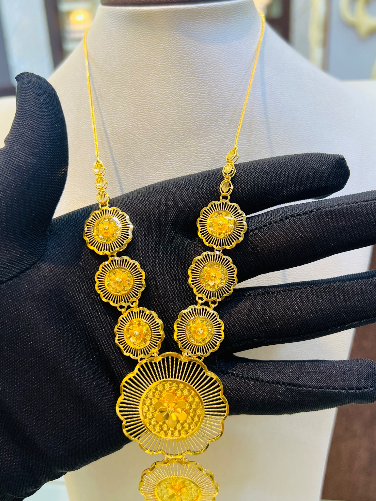 21KT Floral Medallion Long Gold Necklace - Image 3