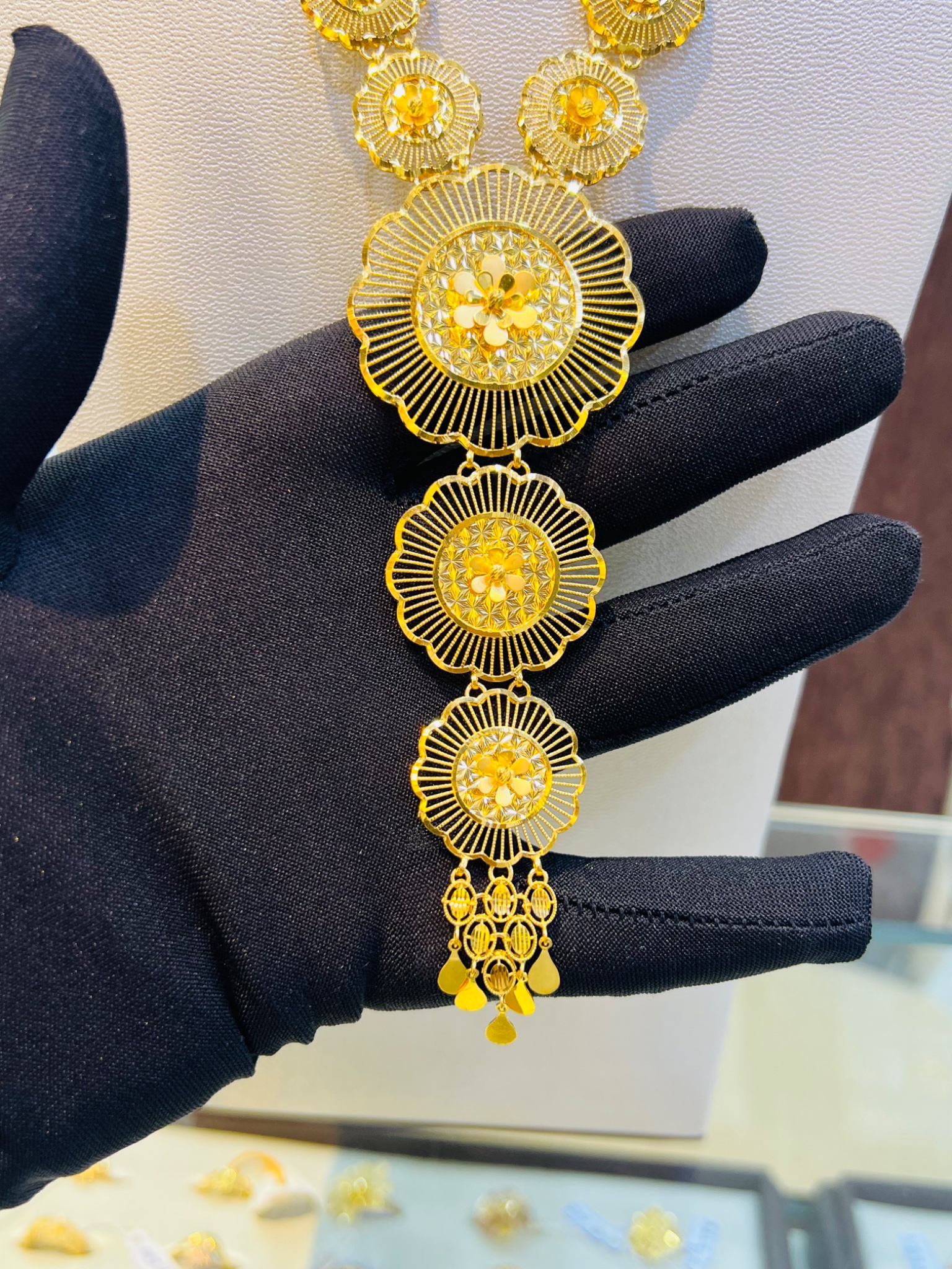 21KT Floral Medallion Long Gold Necklace - Image 2