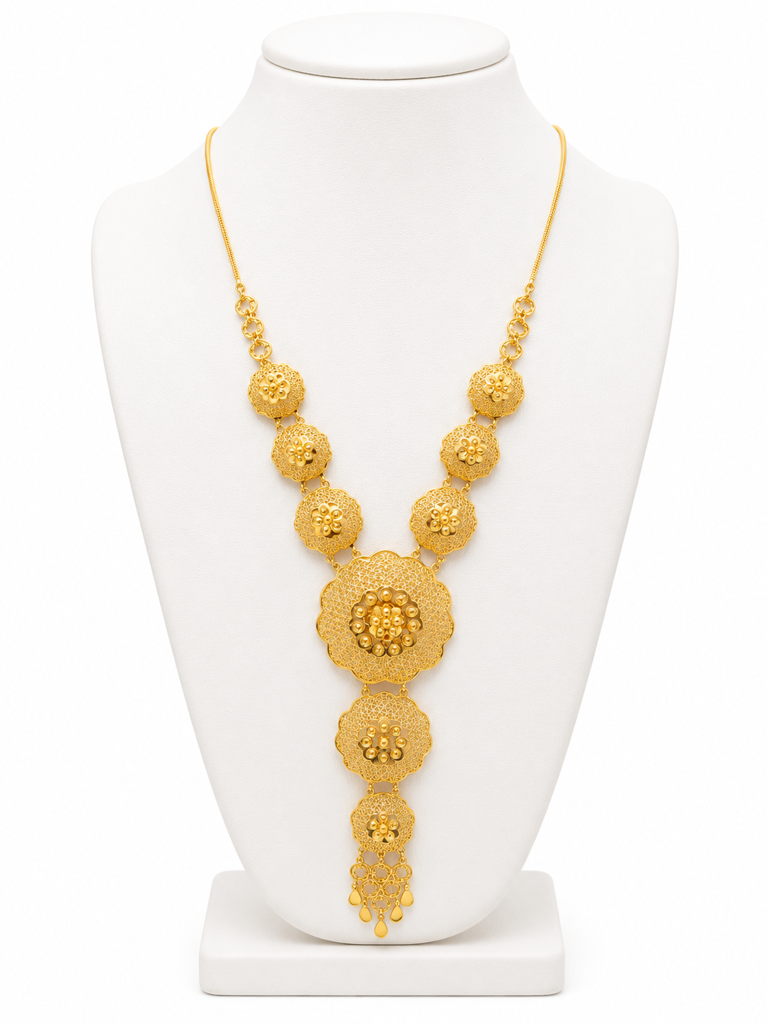 21KT Gold Floral Long Necklace with Filigree Pendant