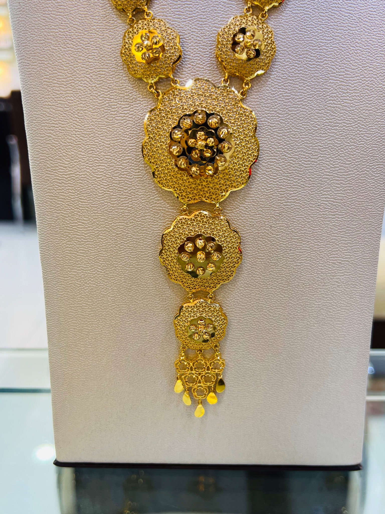 21KT Gold Floral Long Necklace with Filigree Pendant - Image 3