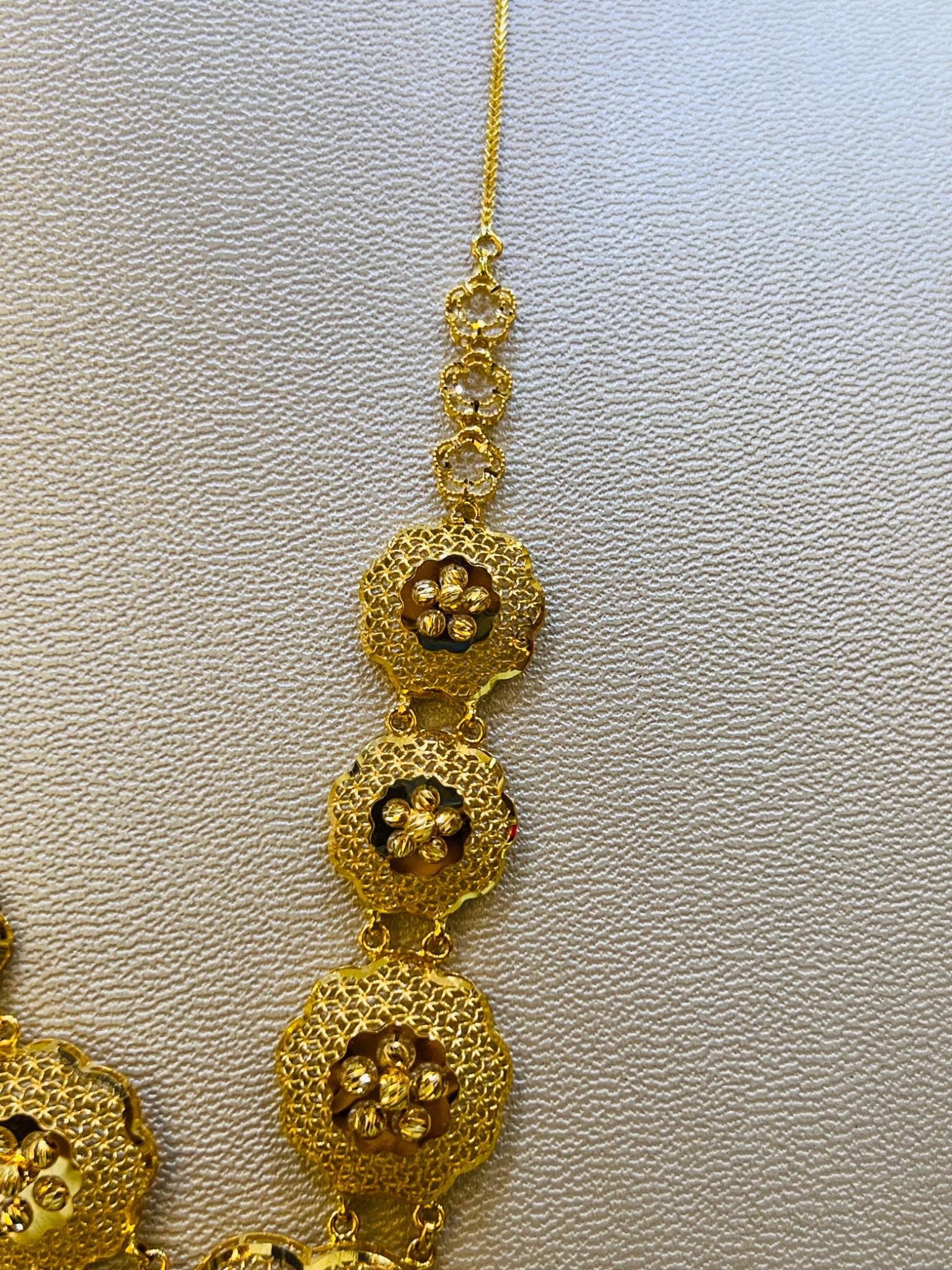 21KT Gold Floral Long Necklace with Filigree Pendant - Image 4