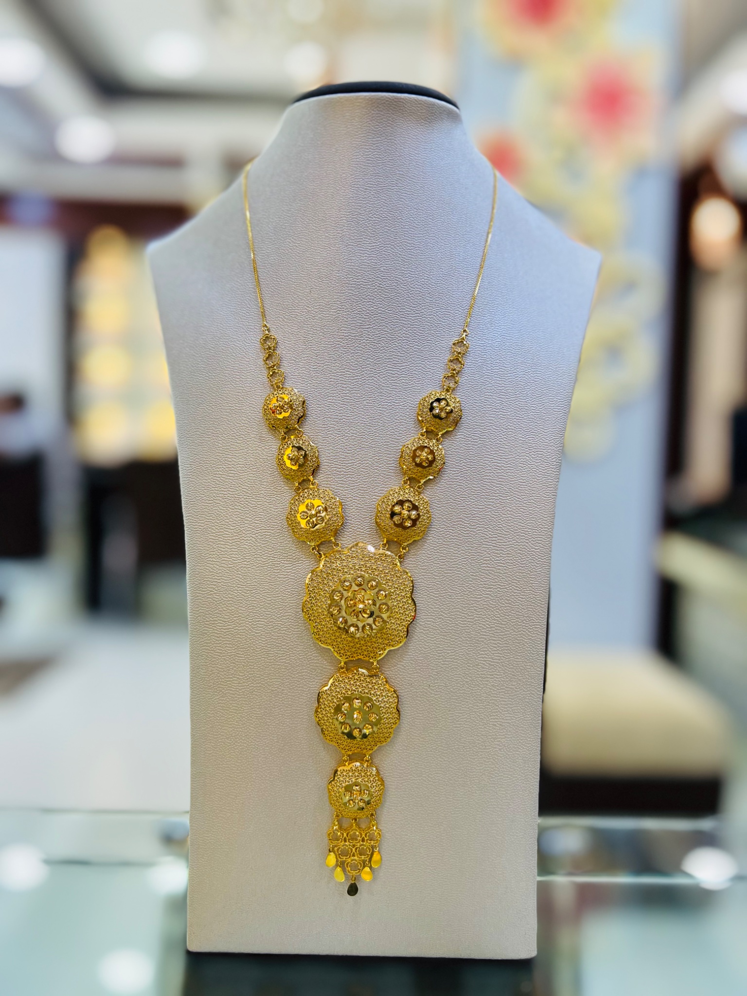 21KT Gold Floral Long Necklace with Filigree Pendant - Image 2