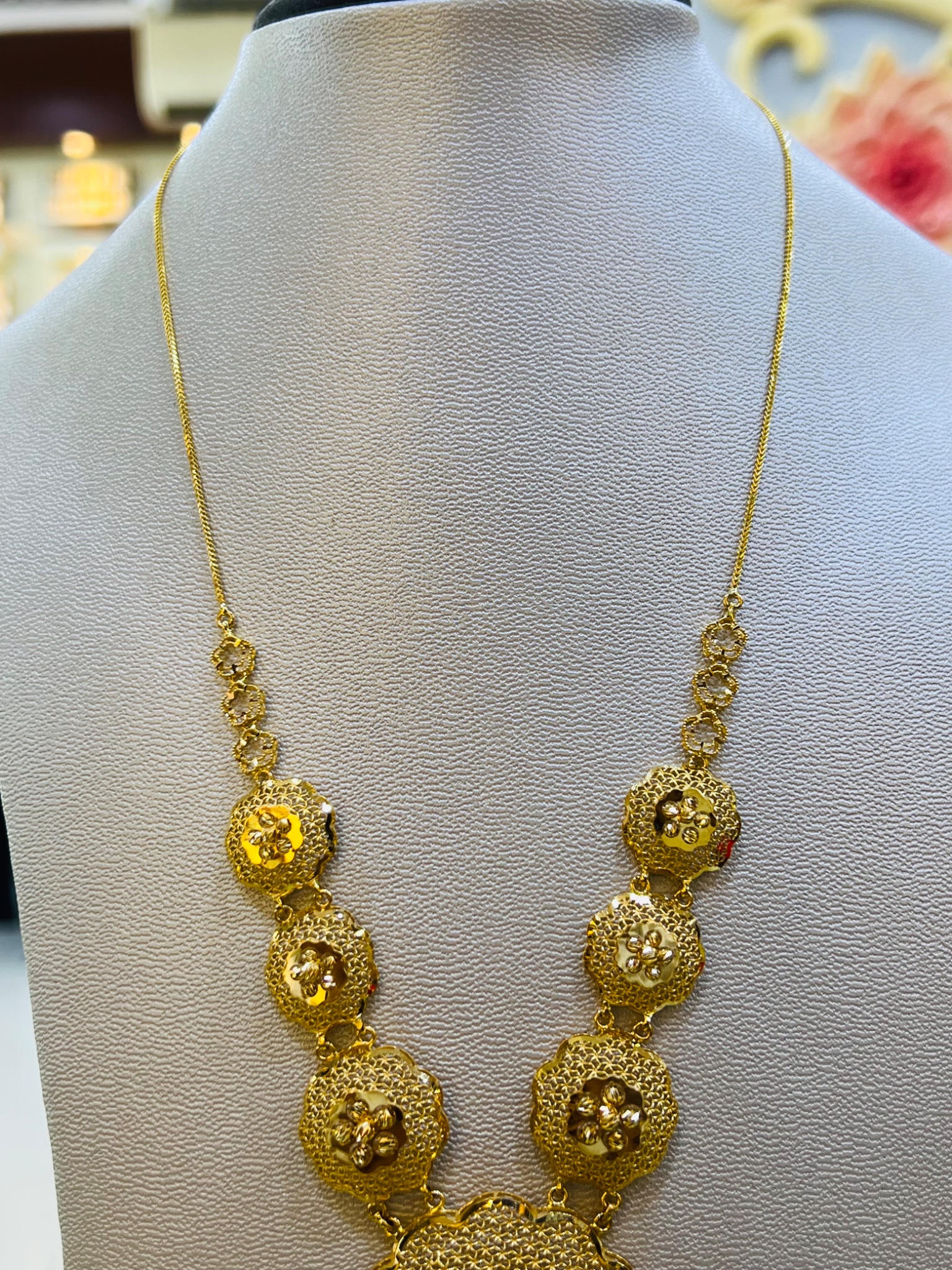 21KT Gold Floral Long Necklace with Filigree Pendant - Image 5