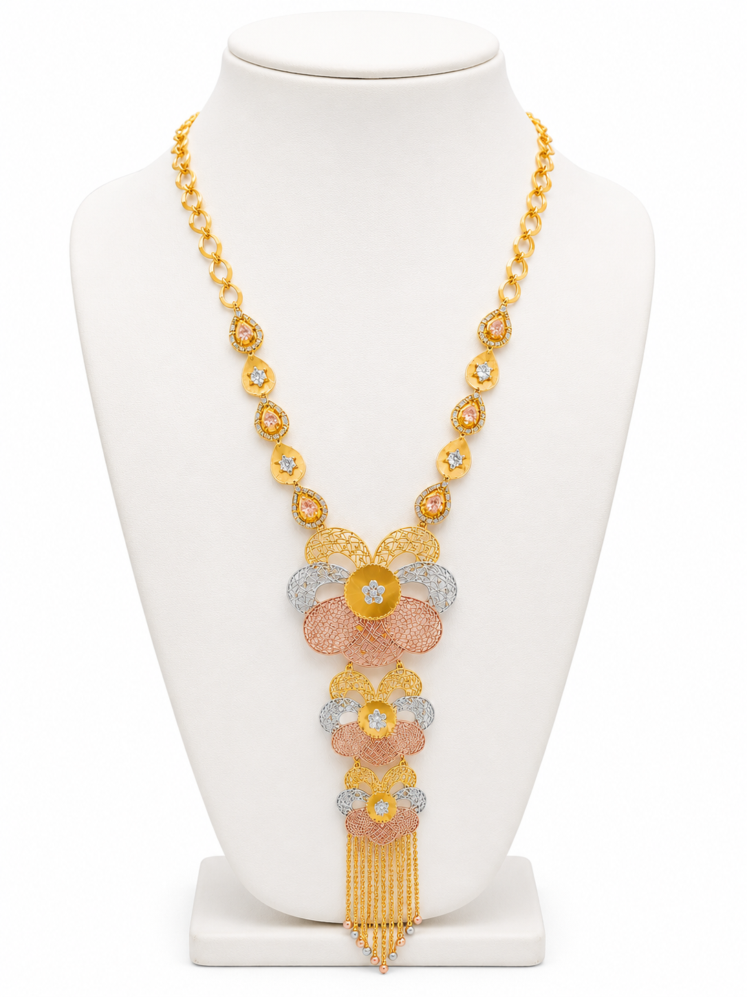 21KT Tri-Color Floral Long Gold Necklace