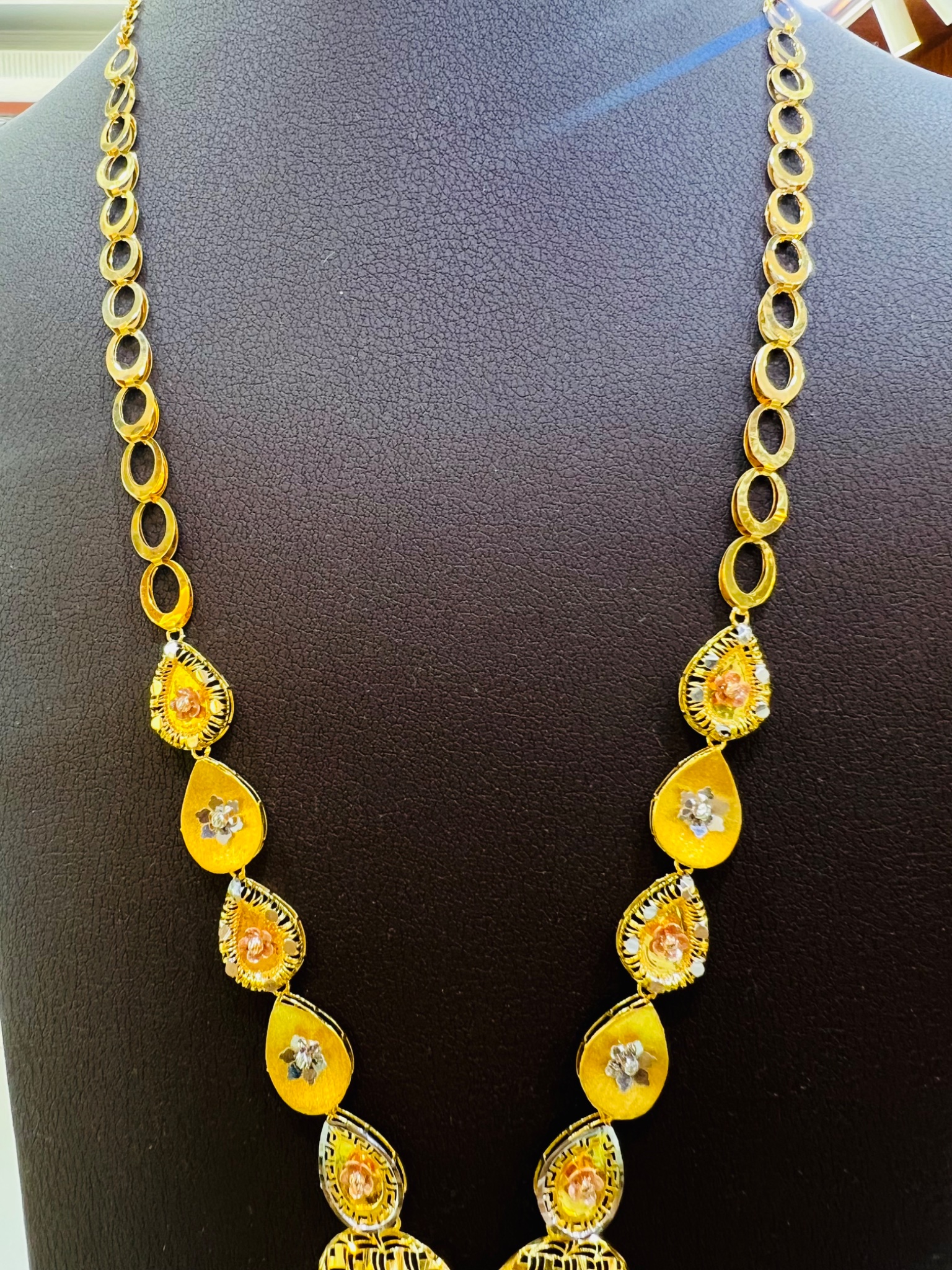 21KT Tri-Color Floral Long Gold Necklace - Image 4