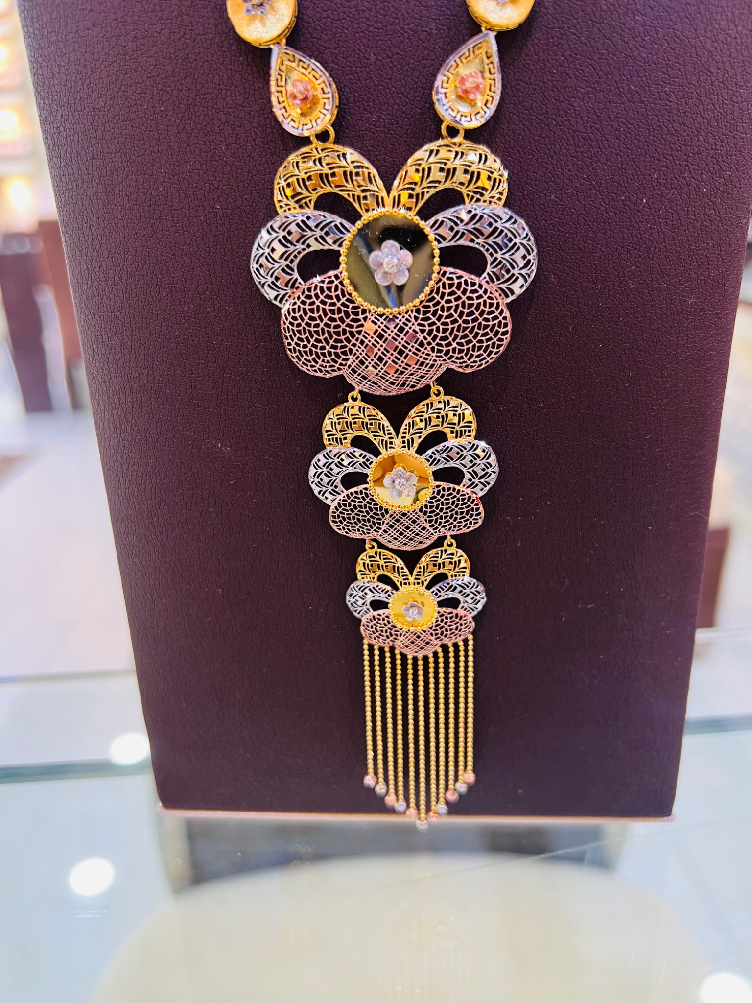 21KT Tri-Color Floral Long Gold Necklace - Image 3