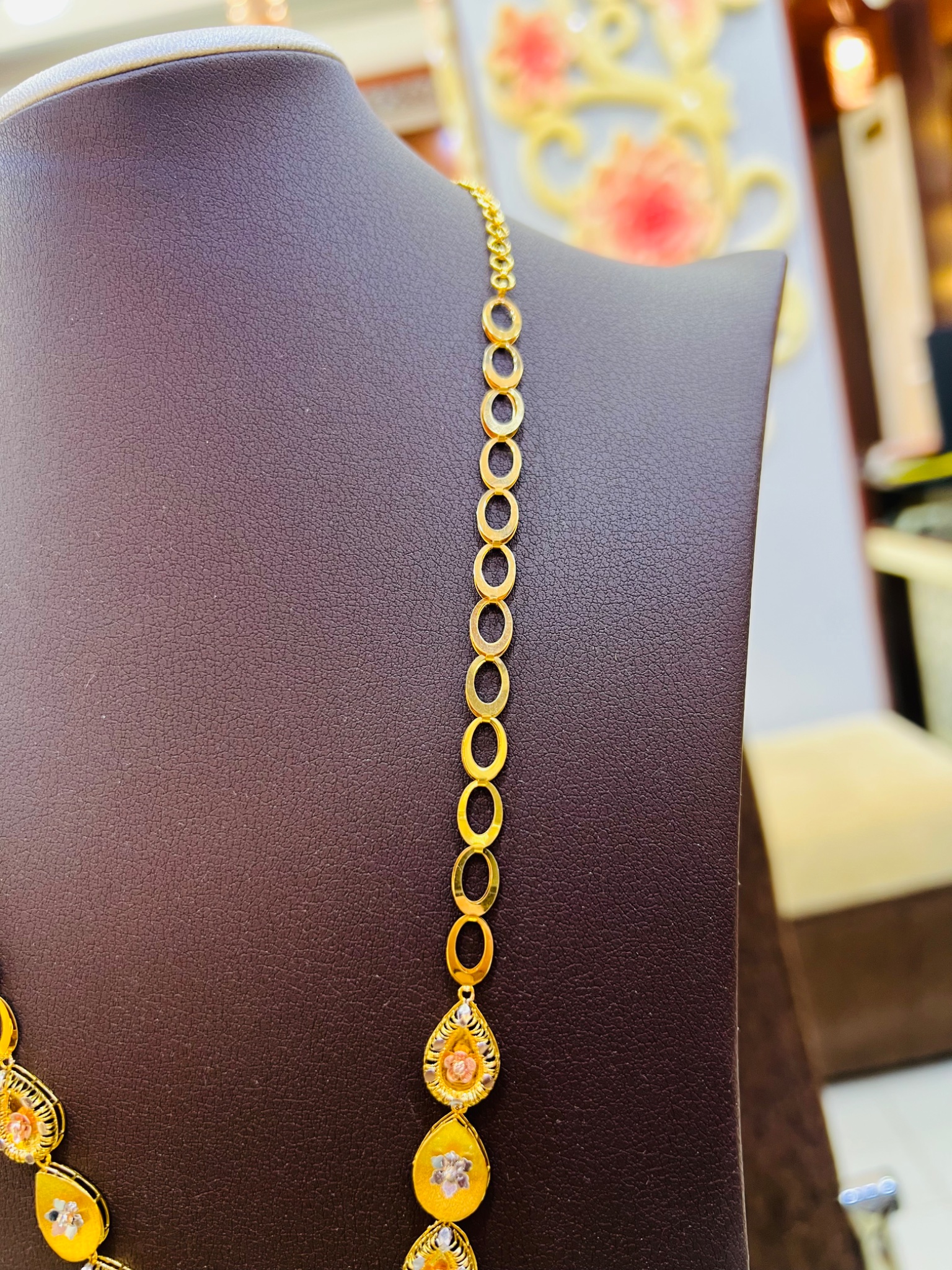 21KT Tri-Color Floral Long Gold Necklace - Image 5