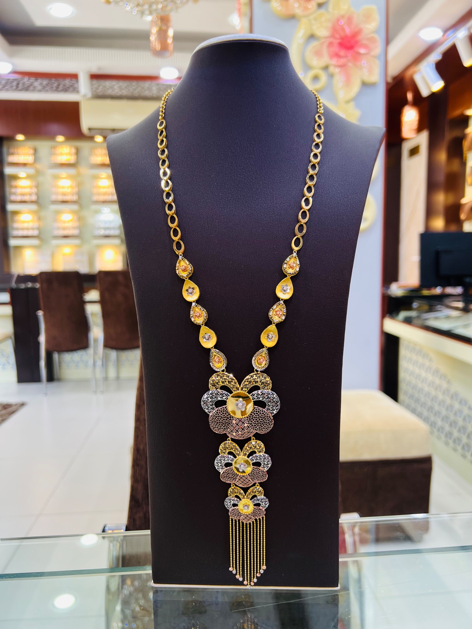 21KT Tri-Color Floral Long Gold Necklace - Image 2