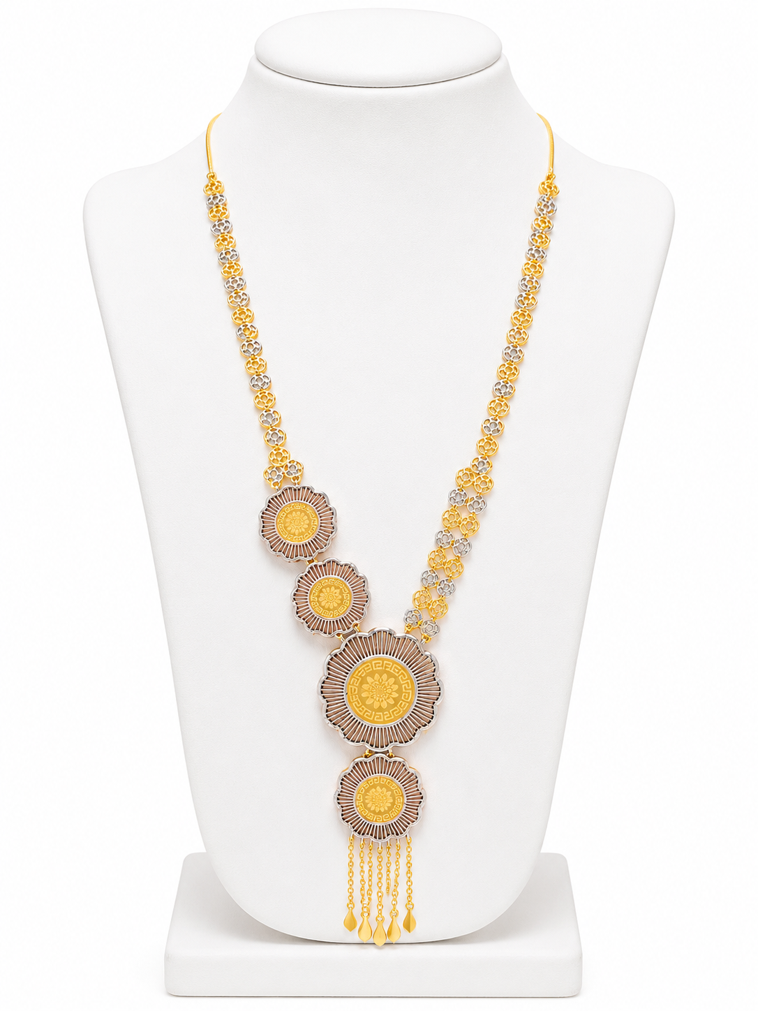 21KT Tri-Color Floral Medallion Long Gold Necklace