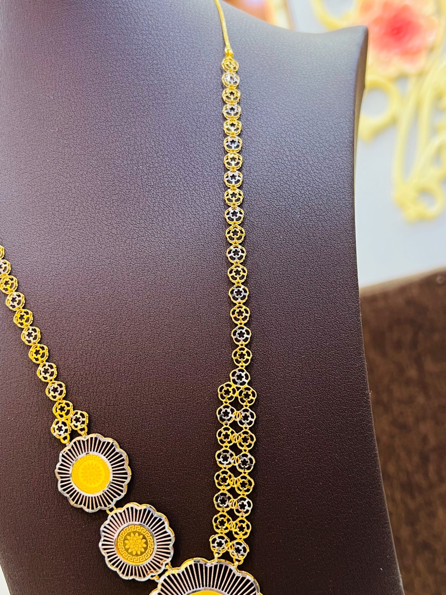 21KT Tri-Color Floral Medallion Long Gold Necklace - Image 5