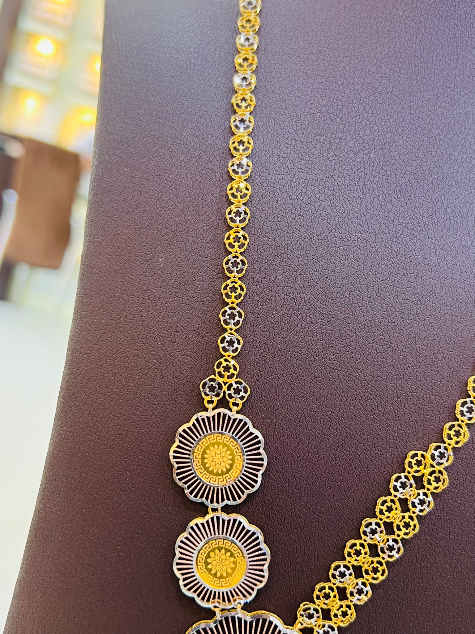 21KT Tri-Color Floral Medallion Long Gold Necklace - Image 4
