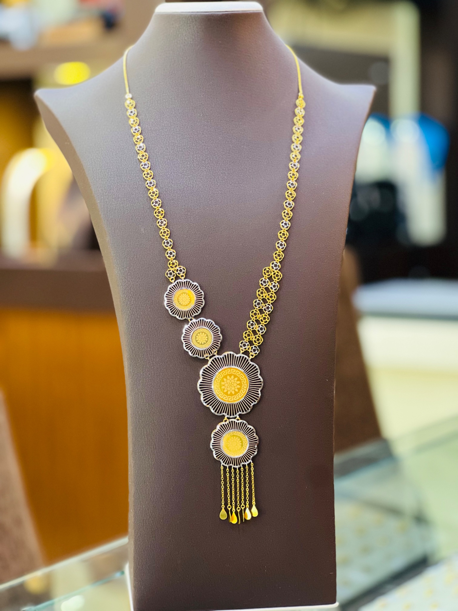21KT Tri-Color Floral Medallion Long Gold Necklace - Image 2
