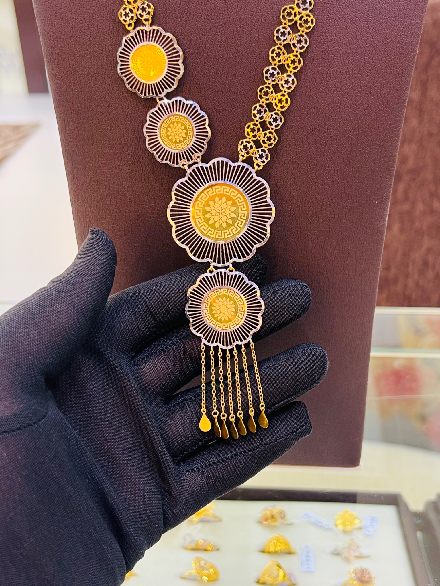 21KT Tri-Color Floral Medallion Long Gold Necklace - Image 3