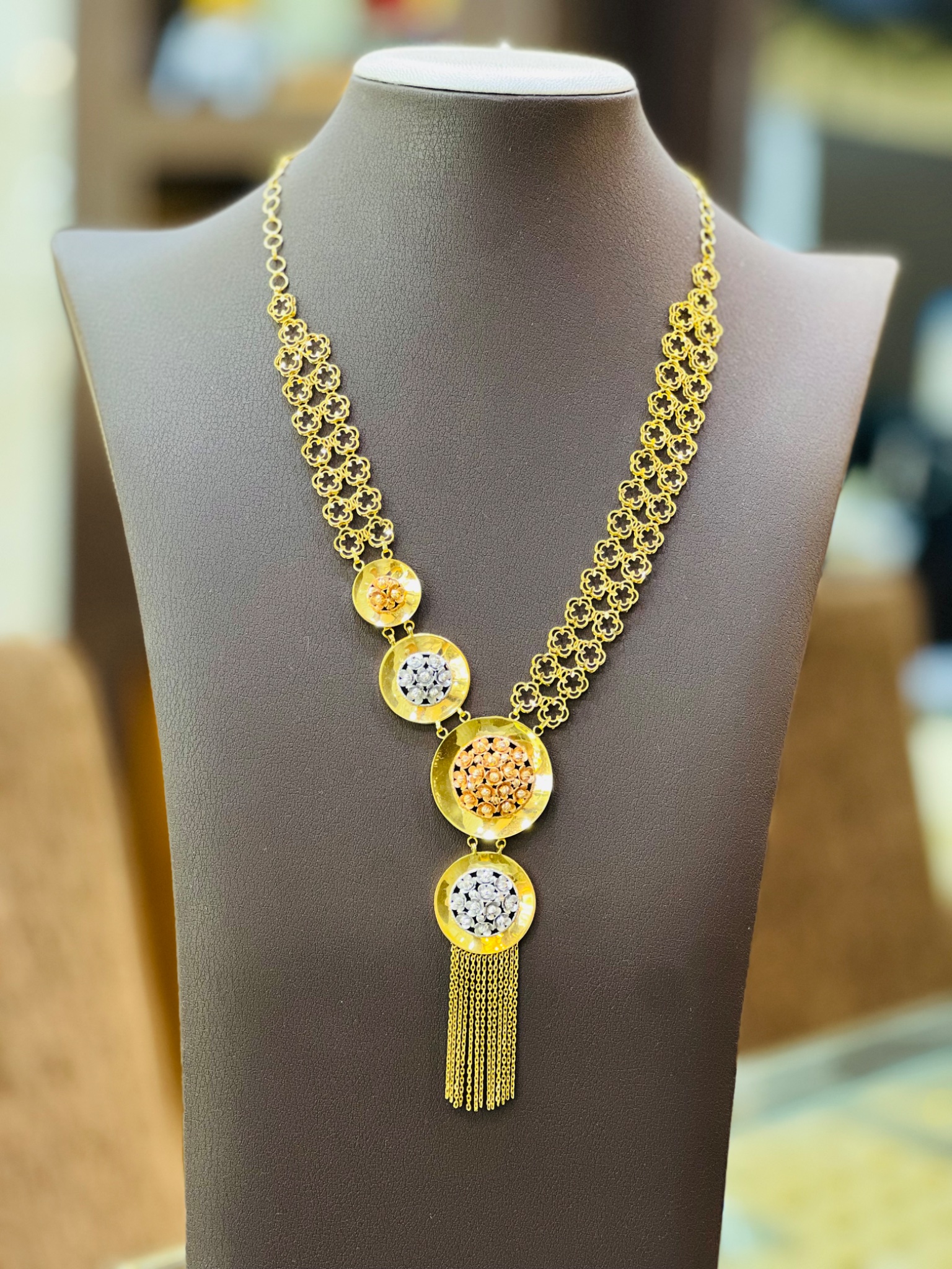 21KT Tri-Color Geometric Long Gold Necklace - Image 2