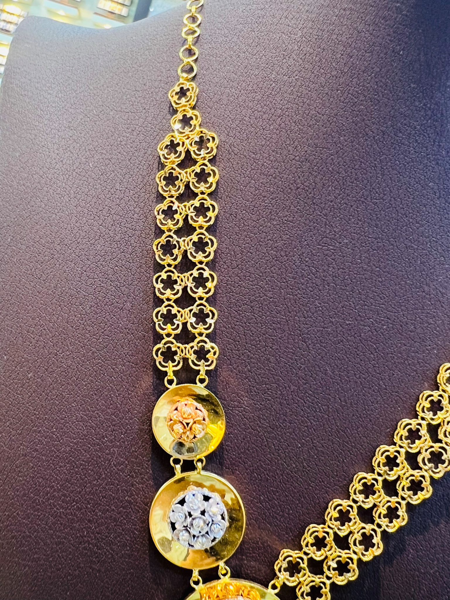 21KT Tri-Color Geometric Long Gold Necklace - Image 5