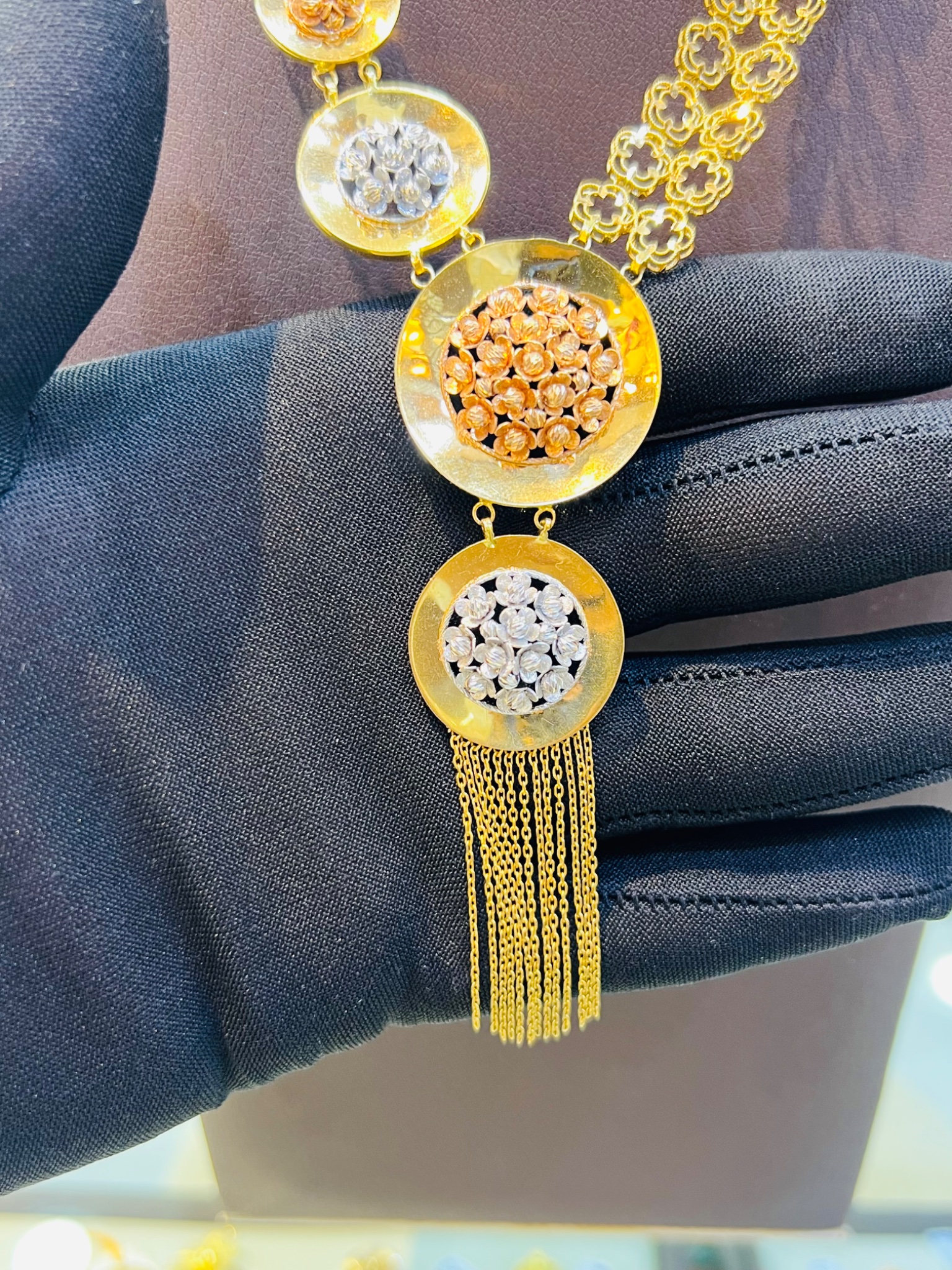 21KT Tri-Color Geometric Long Gold Necklace - Image 3