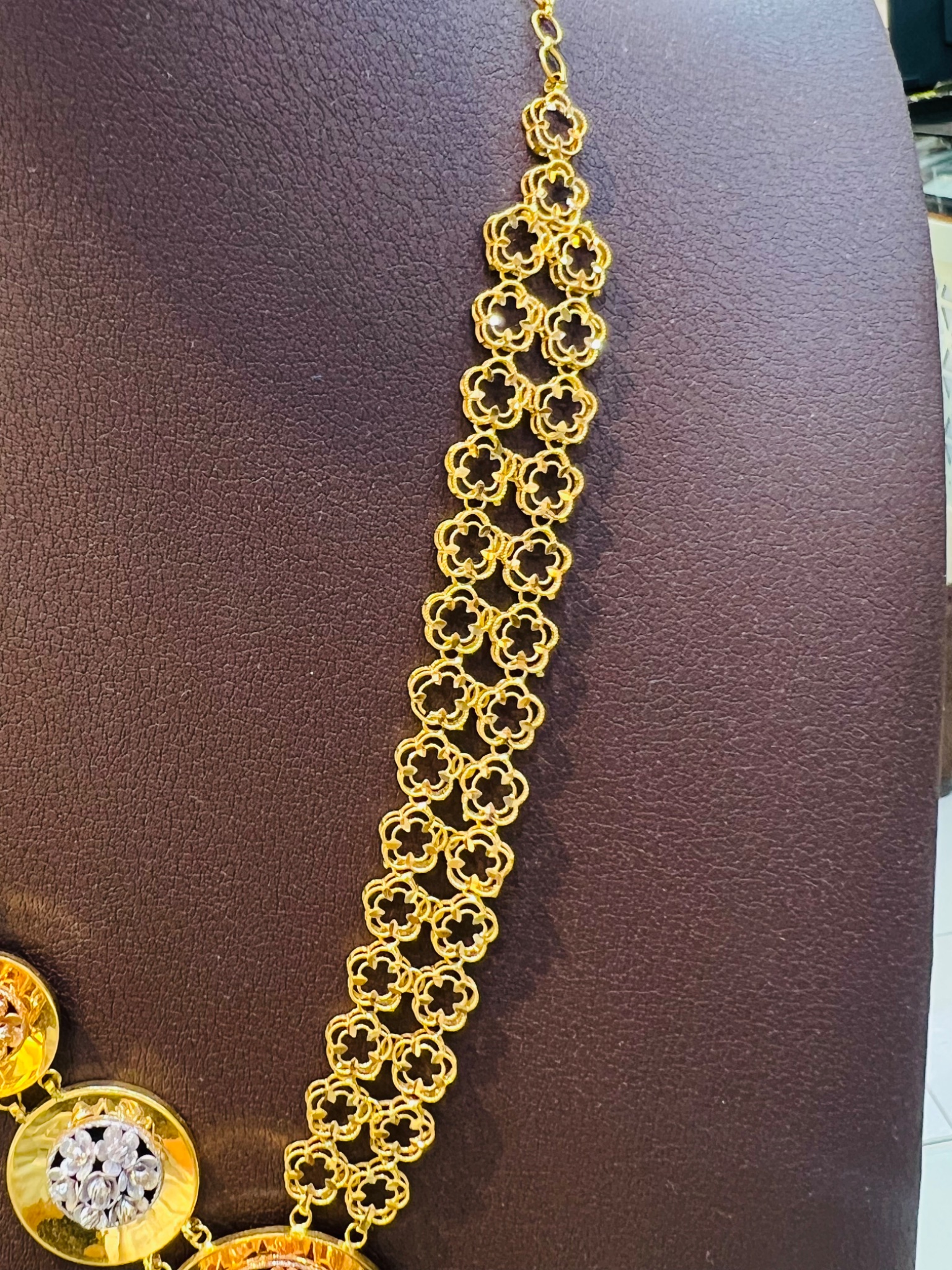 21KT Tri-Color Geometric Long Gold Necklace - Image 4