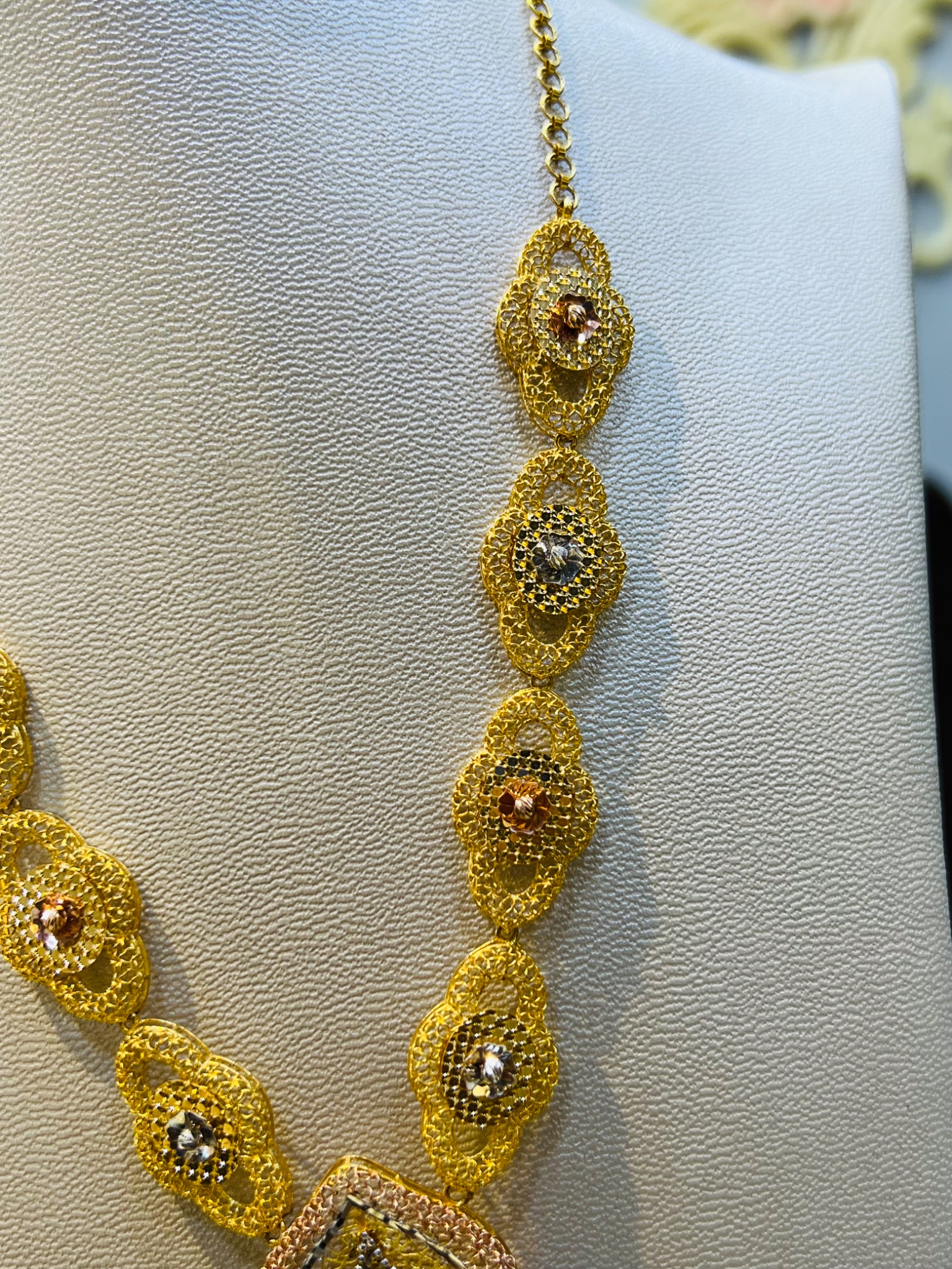 21KT Tri-Color Teardrop Long Gold Necklace - Image 5