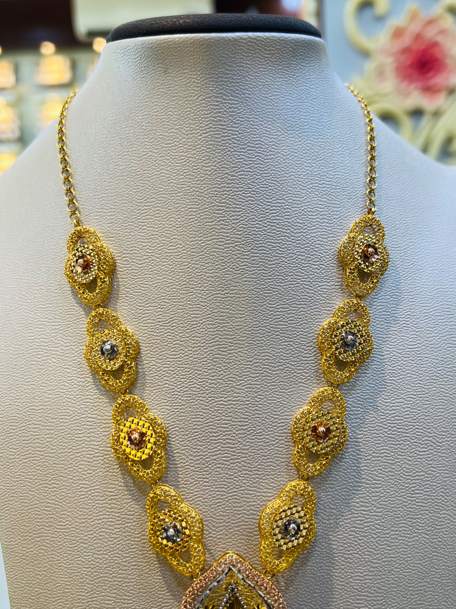 21KT Tri-Color Teardrop Long Gold Necklace - Image 4