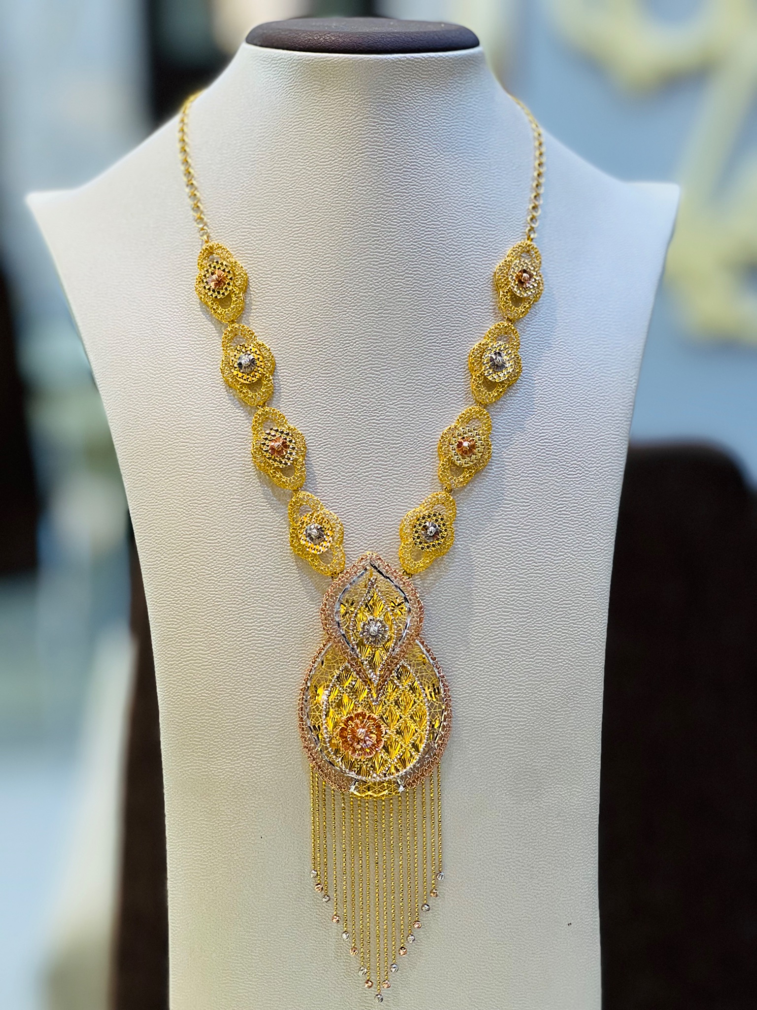 21KT Tri-Color Teardrop Long Gold Necklace - Image 3