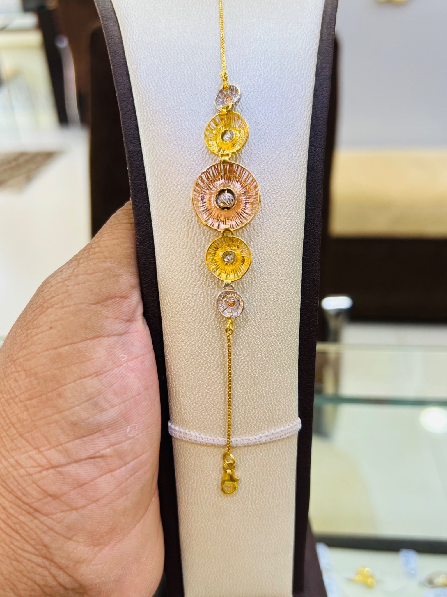 21KT Tri-Color Textured Disc Gold Bracelet - Image 5