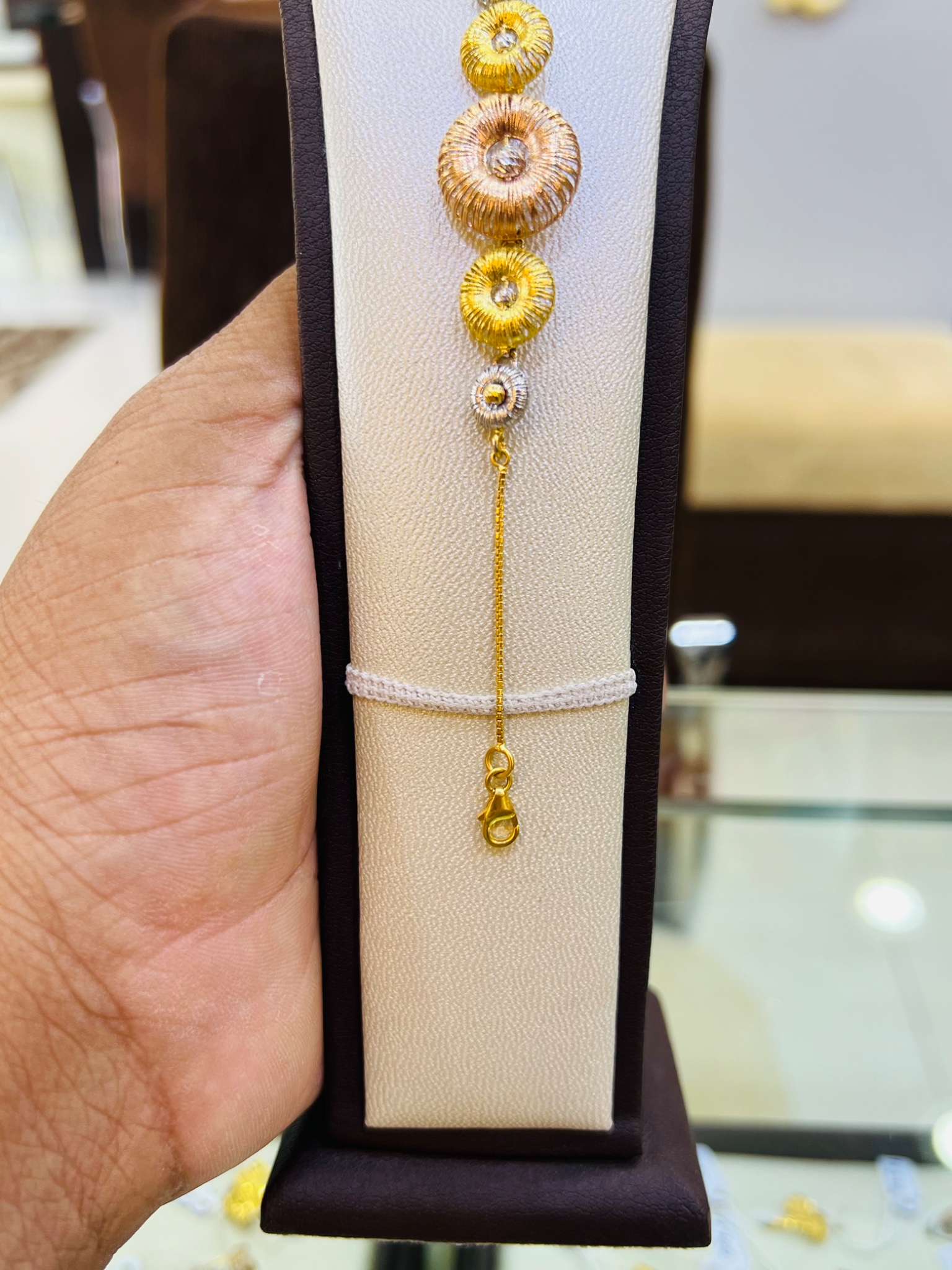 21KT Tri-Color Textured Disc Gold Bracelet - Image 4