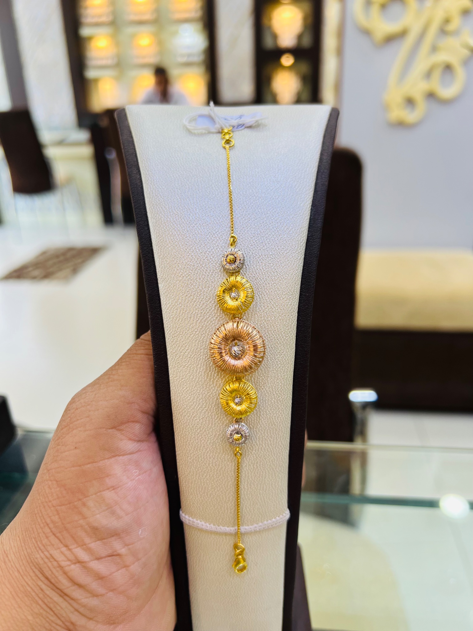 21KT Tri-Color Textured Disc Gold Bracelet - Image 3