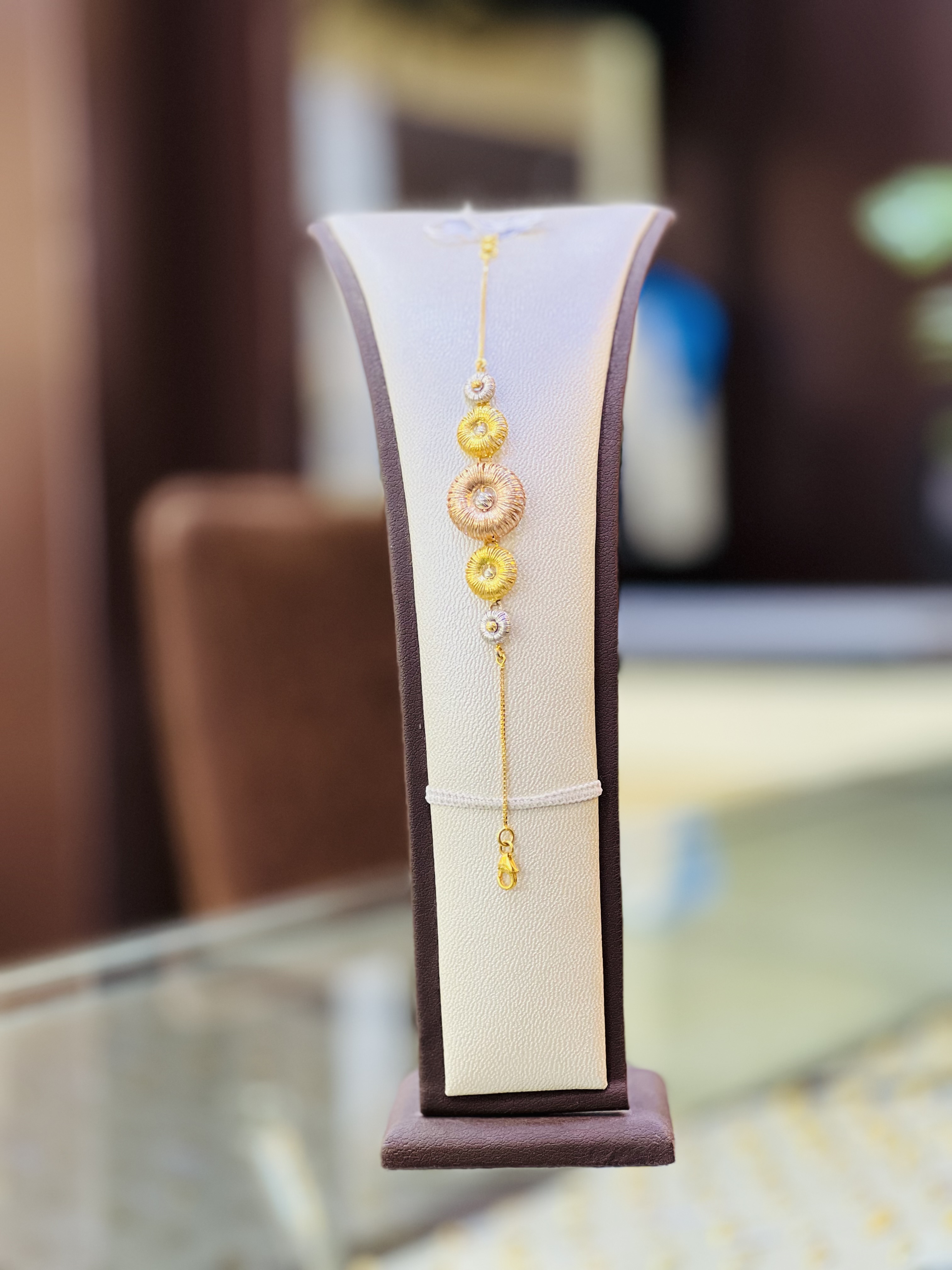 21KT Tri-Color Textured Disc Gold Bracelet - Image 2