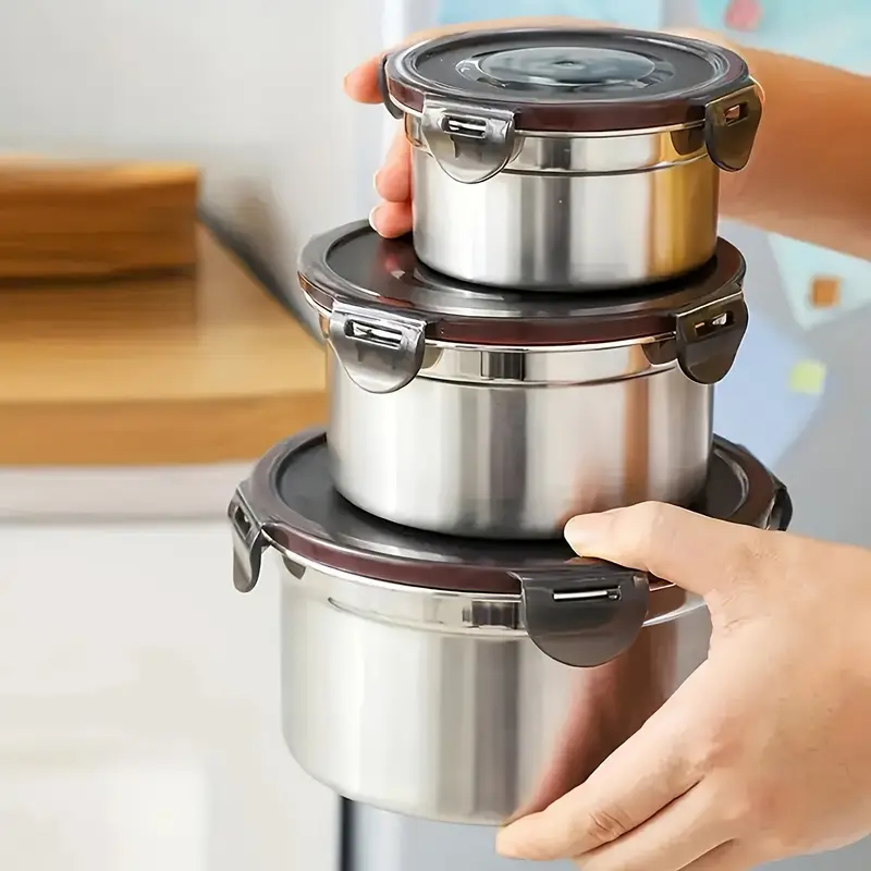 3 Pcs Stainless Steel Food Storage Containers with Airtight Leakproof Lids – 350ml / 550ml / 900ml – Food Preservation Container Set - Image 3