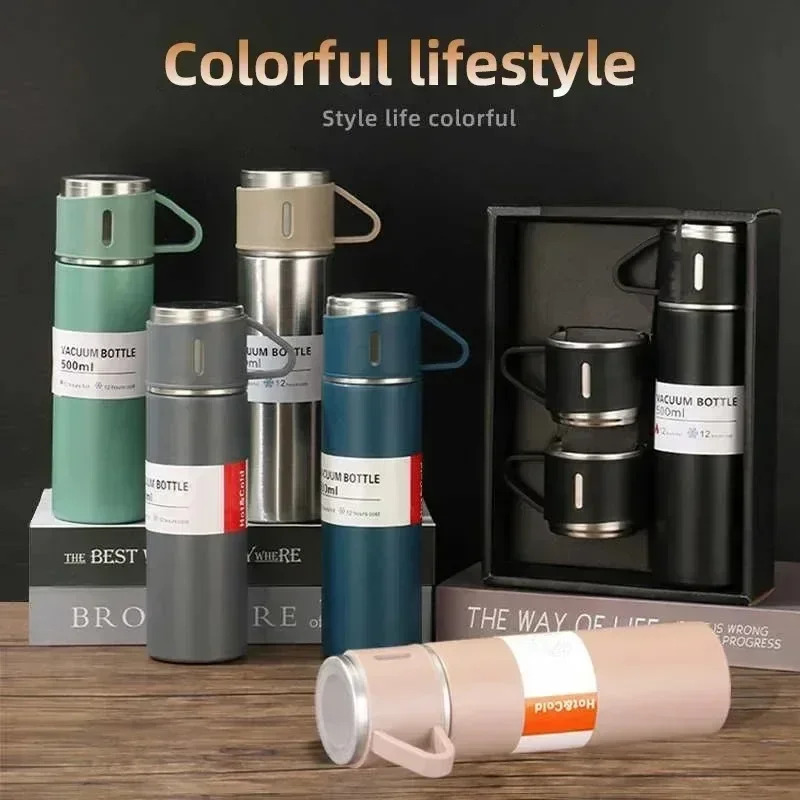 500ml Stainless Steel Vacuum Flask Set with 3 Cups – Insulated Thermos Bottle for Travel, Office & Outdoor Use – Random Colors