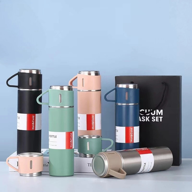 500ml Stainless Steel Vacuum Flask Set with 3 Cups – Insulated Thermos Bottle for Travel, Office & Outdoor Use – Random Colors - Image 2