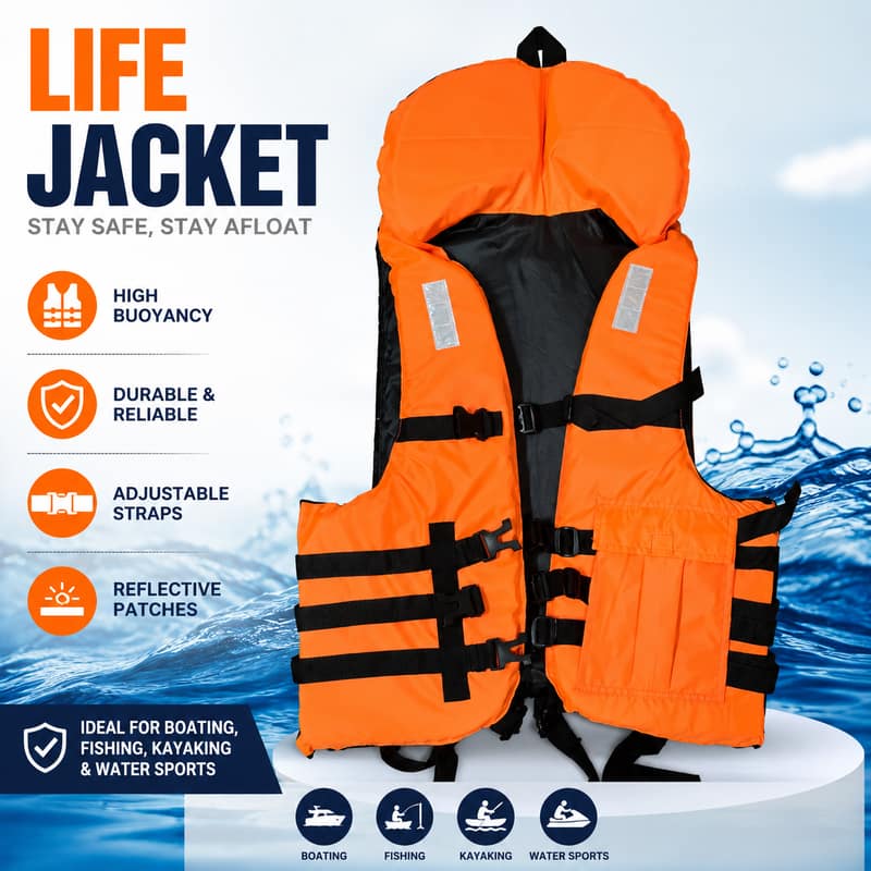 Adult Life Jacket with 4 Buckles - Adjustable Marine Safety Vest - High Visibility Orange Buoyancy Aid for Fishing, Boating, Kayaking & Water Sports