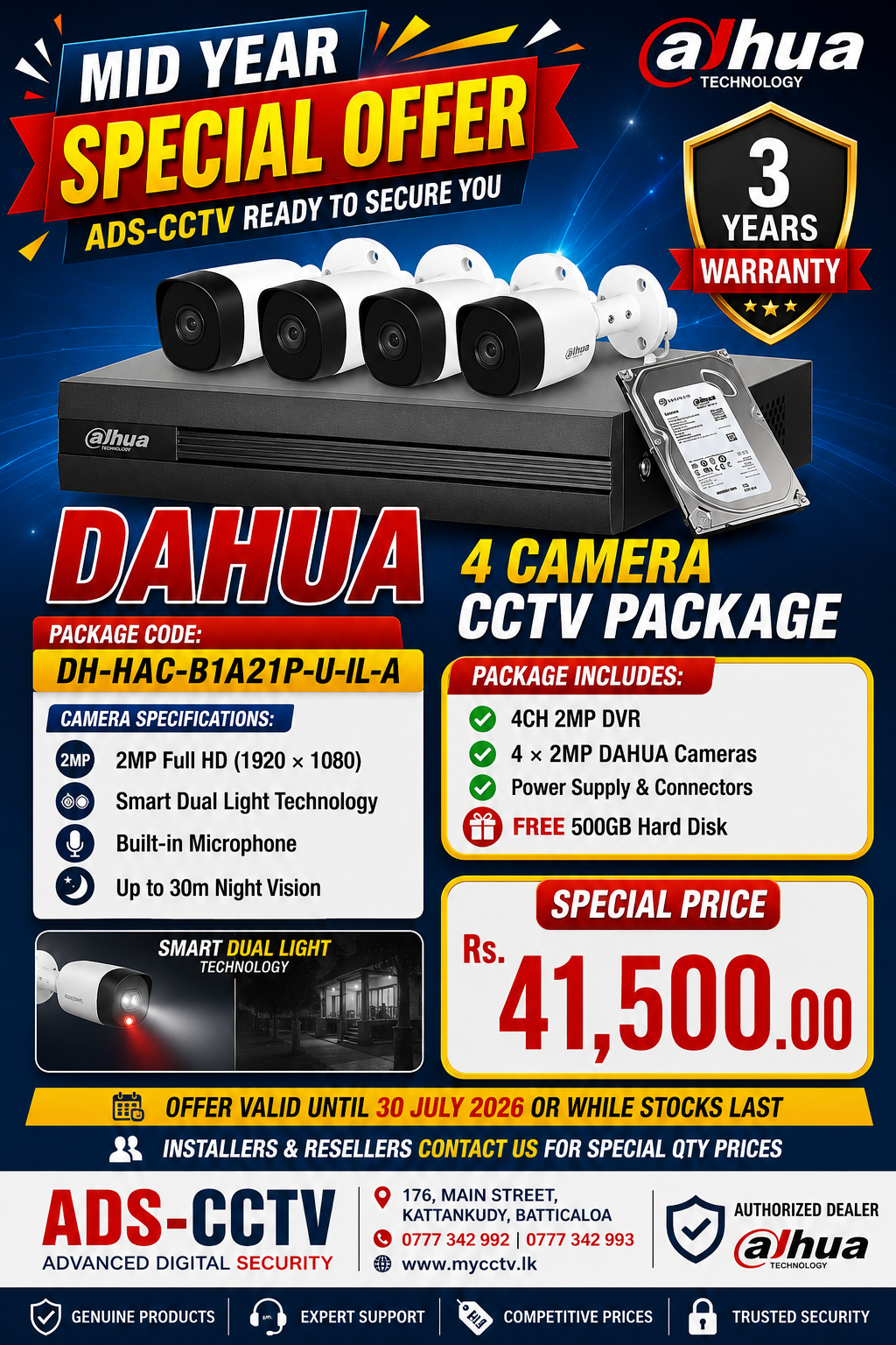 CCTV CAMERA PACKAGE - DAHUA 4 CAMERA Package Code: DH-HAC-B1A21P-U-IL-A