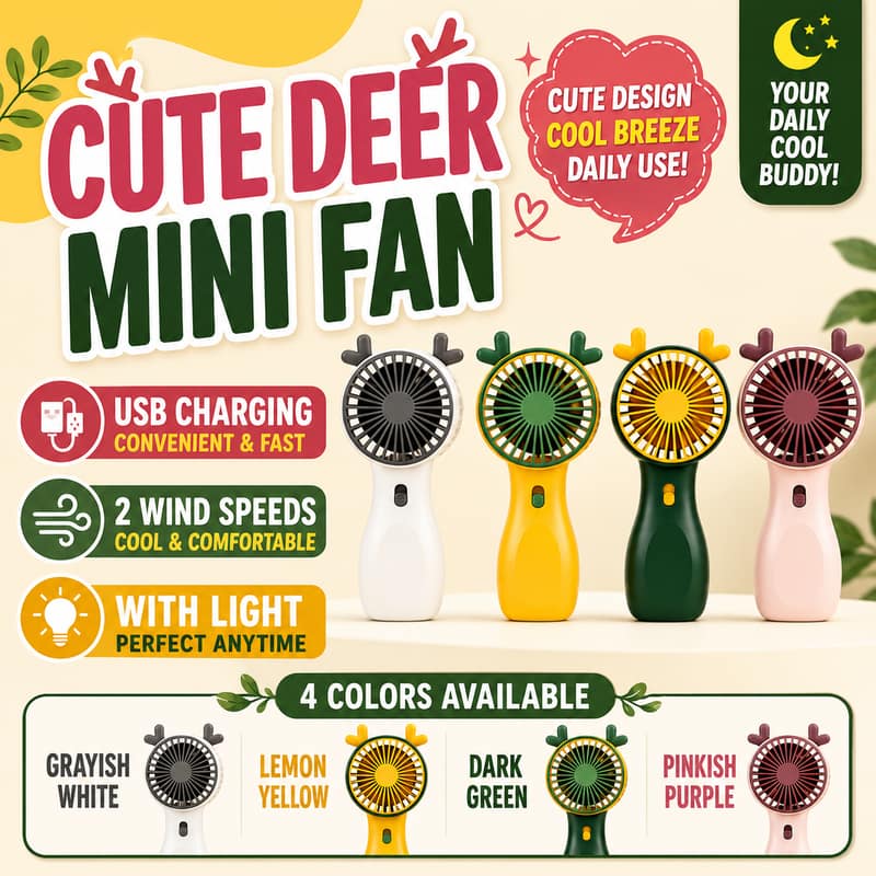 Cute Deer Portable Mini Handheld Fan - USB Rechargeable 2-Speed Pocket Fan with Desktop Stand Base, Ultra-Lightweight Personal Cooling Fan for Kids & Students (Model SQ2237C)