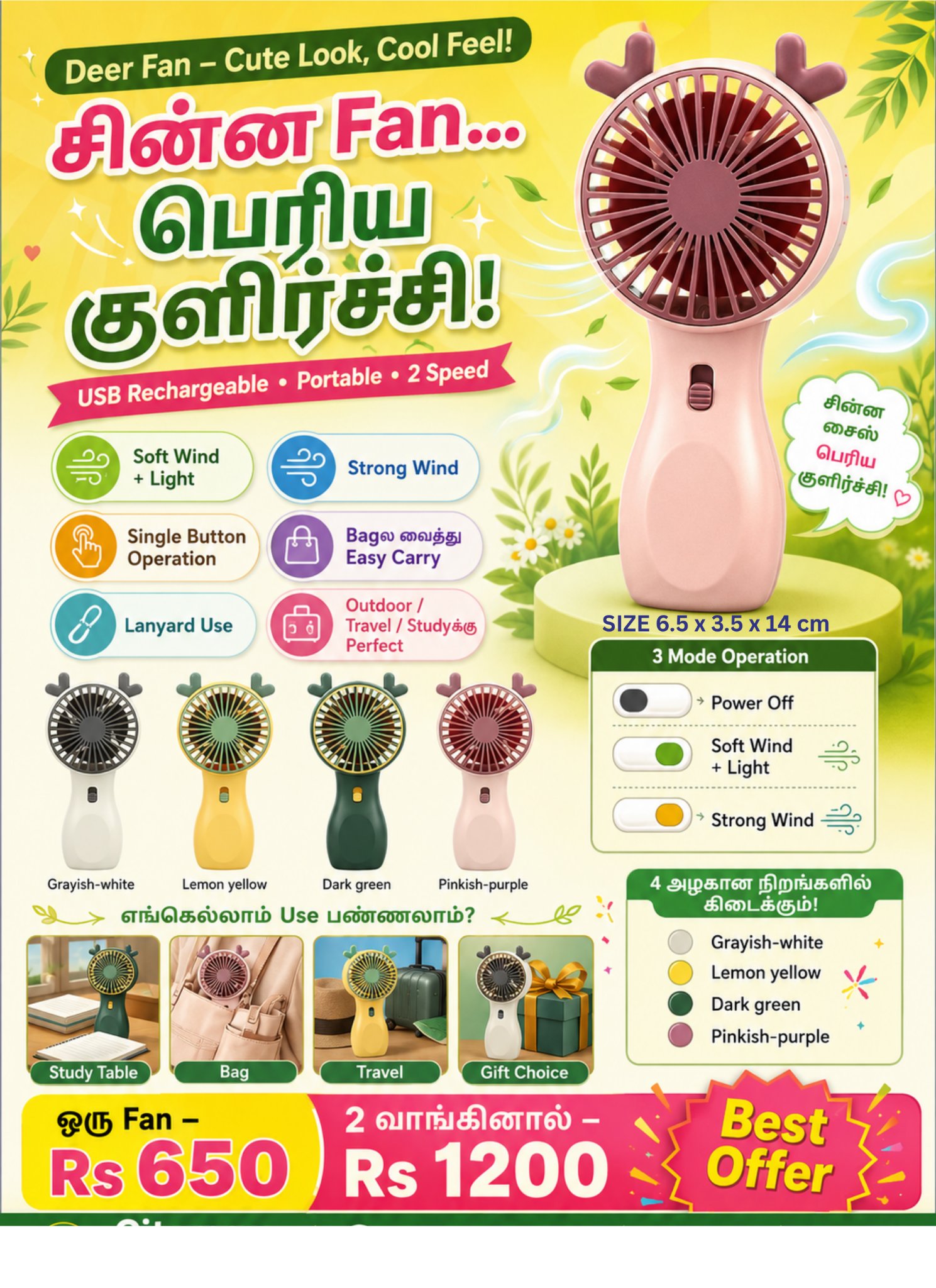 Cute Deer Portable Mini Handheld Fan - USB Rechargeable 2-Speed Pocket Fan with Desktop Stand Base, Ultra-Lightweight Personal Cooling Fan for Kids & Students (Model SQ2237C) - Image 2
