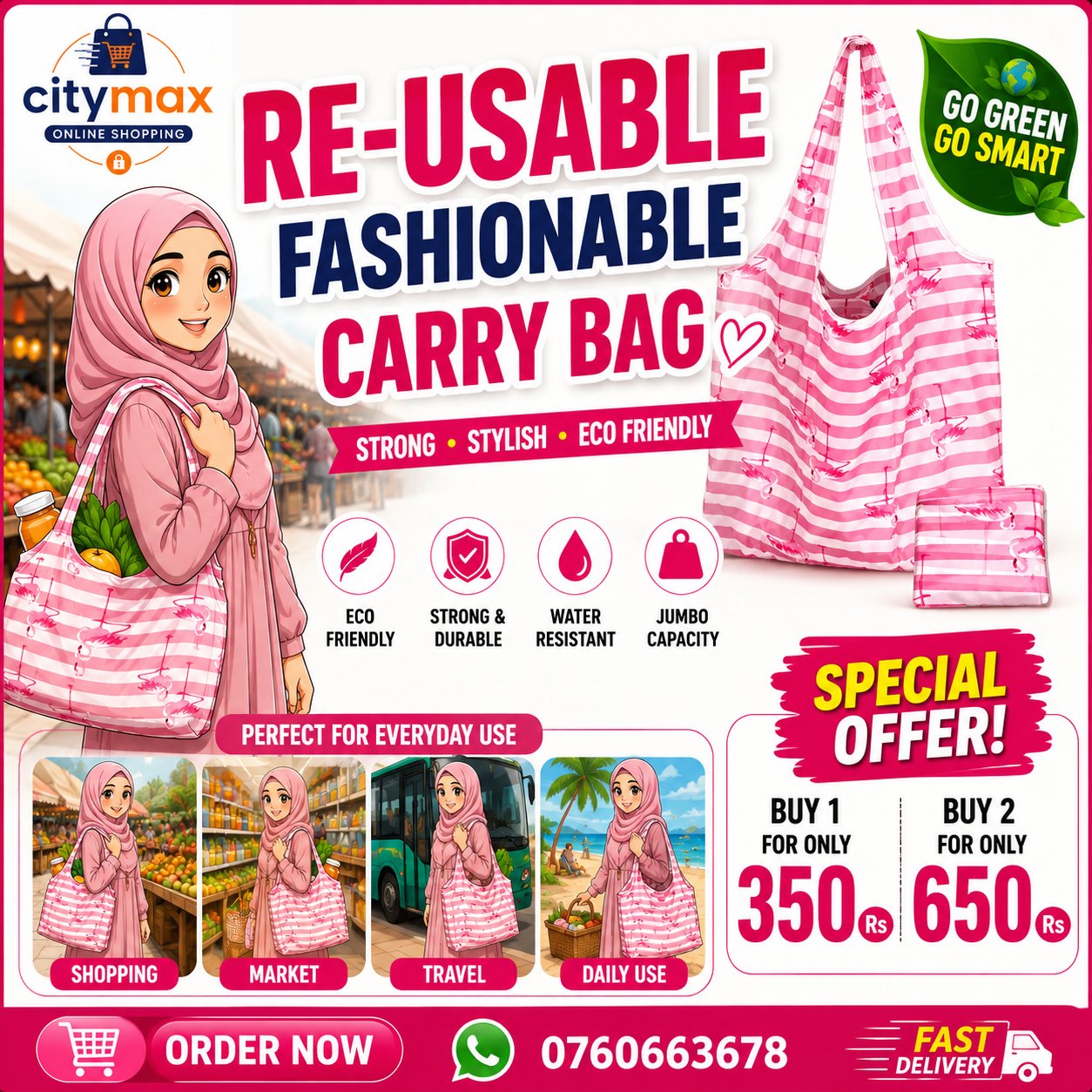 Eco Friendly Easy Carry Reusable Foldable Pocket Tote Grocery Bag Polyester Folding Shopping Bag - PINK - Image 1