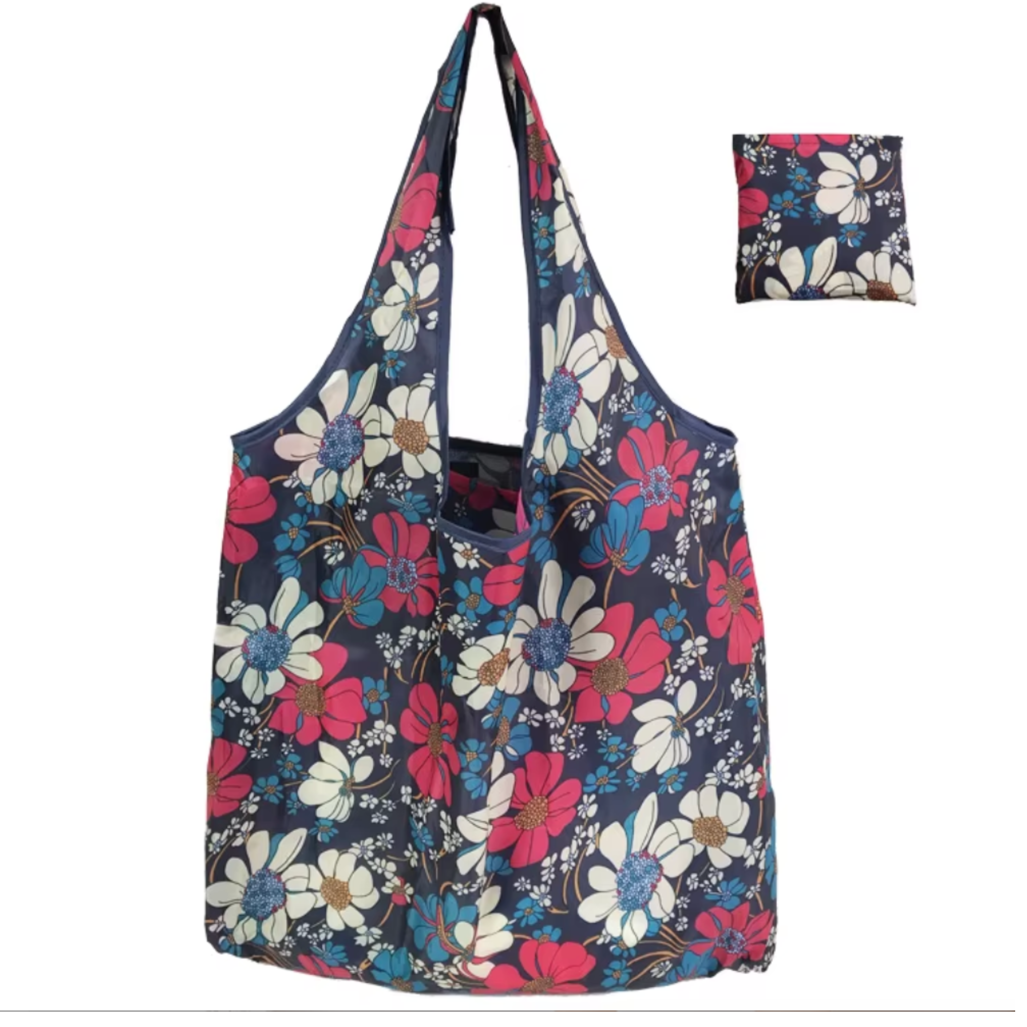 Eco Friendly Easy Carry Reusable Foldable Pocket Tote Grocery Bag Polyester Folding Shopping Bag - BLUE FLOWER - Image 3