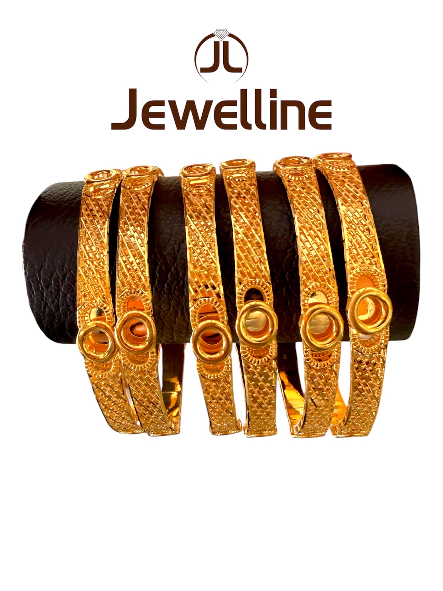 Elegant 6-Piece Textured Gold Bangle Set with Central Ring Motif