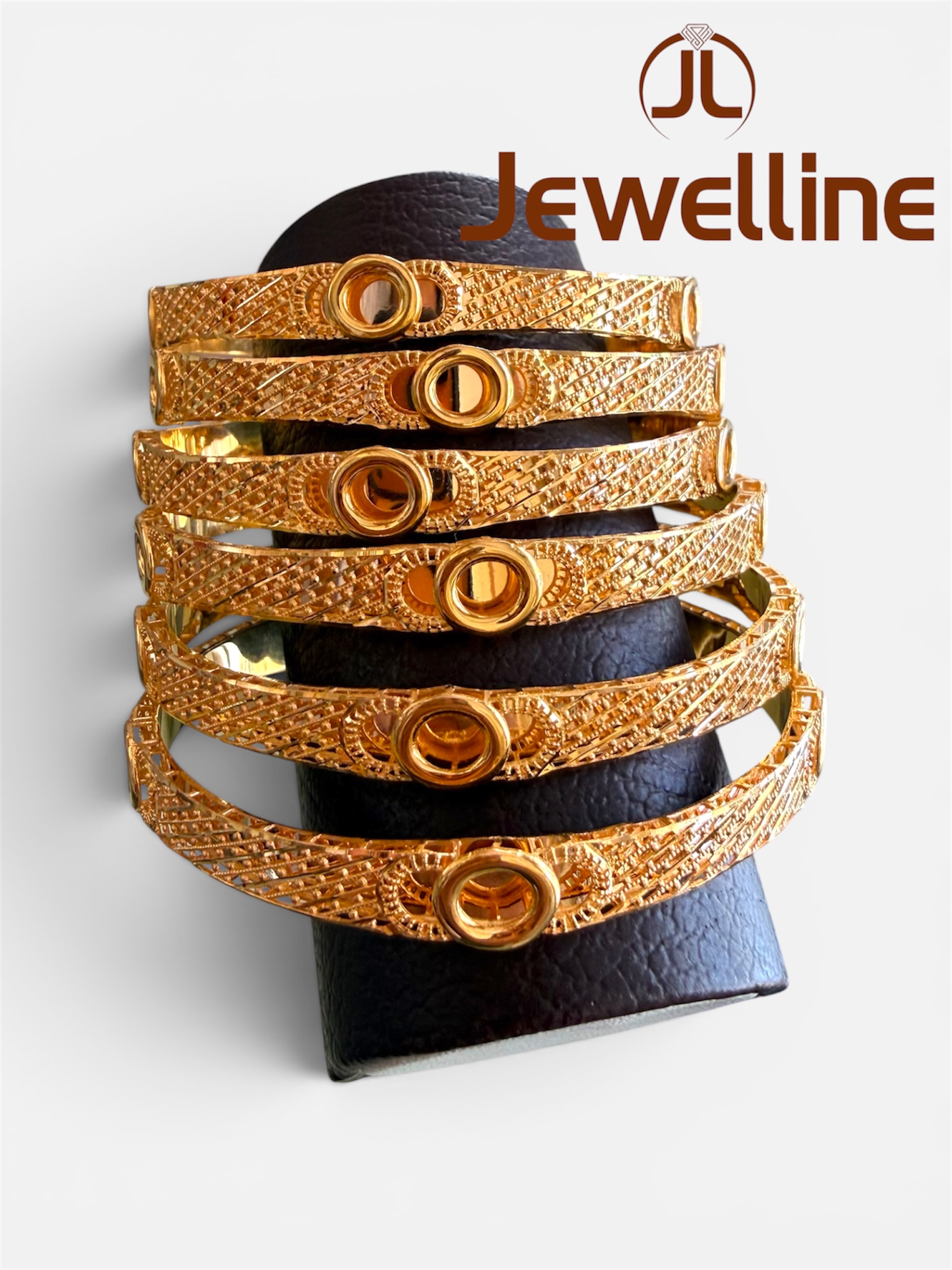 Elegant 6-Piece Textured Gold Bangle Set with Central Ring Motif - Image 2