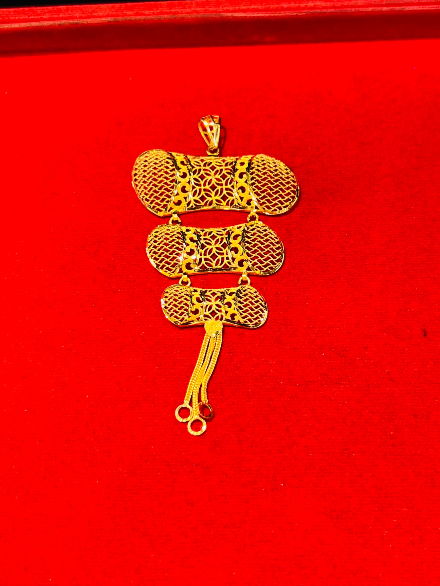 Elegant Gold Layered Pendant with Tassel Drop - Image 2