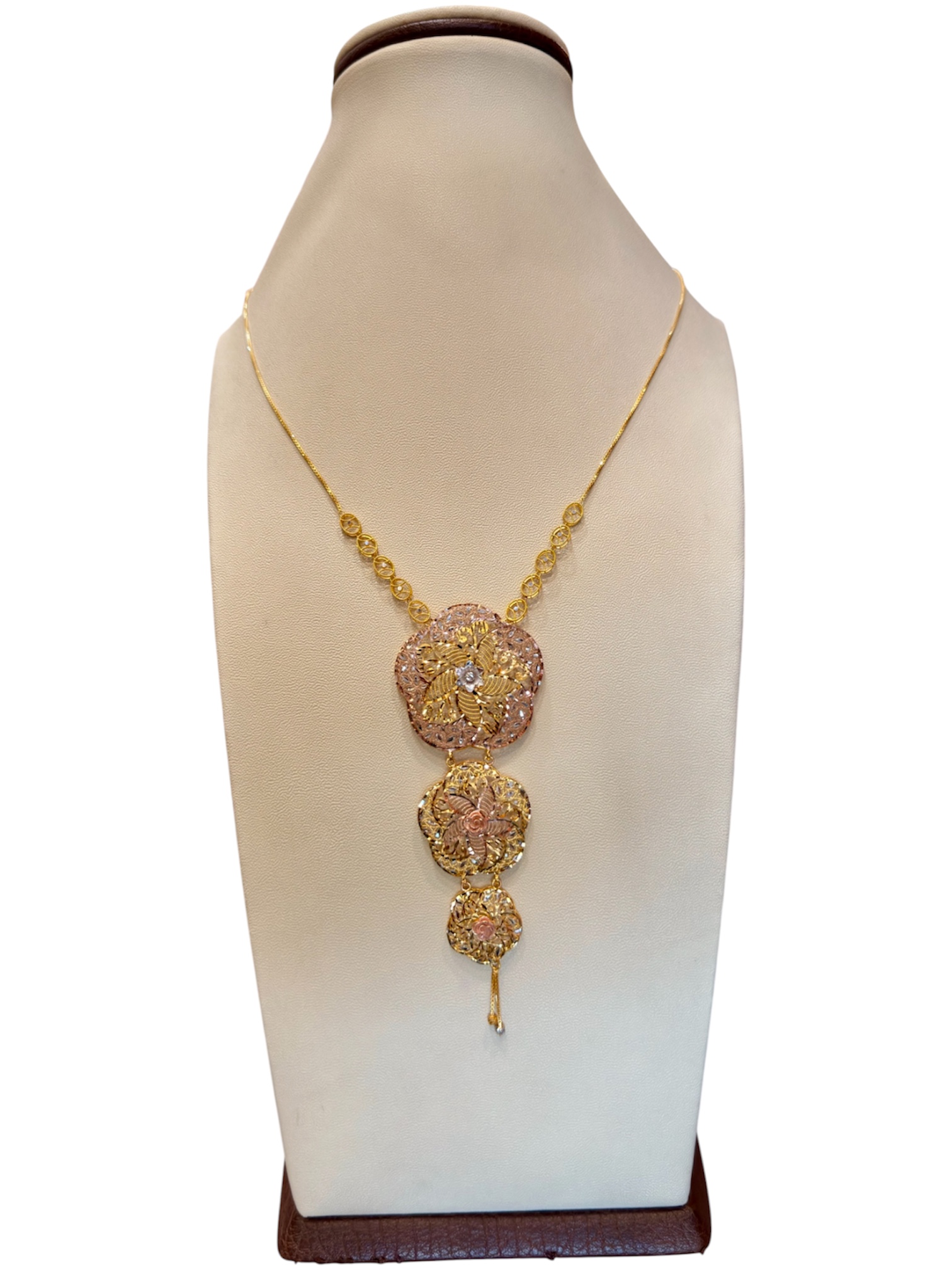 Elegant Three-Tier Filigree Floral Drop Necklace in Tri-Tone Gold