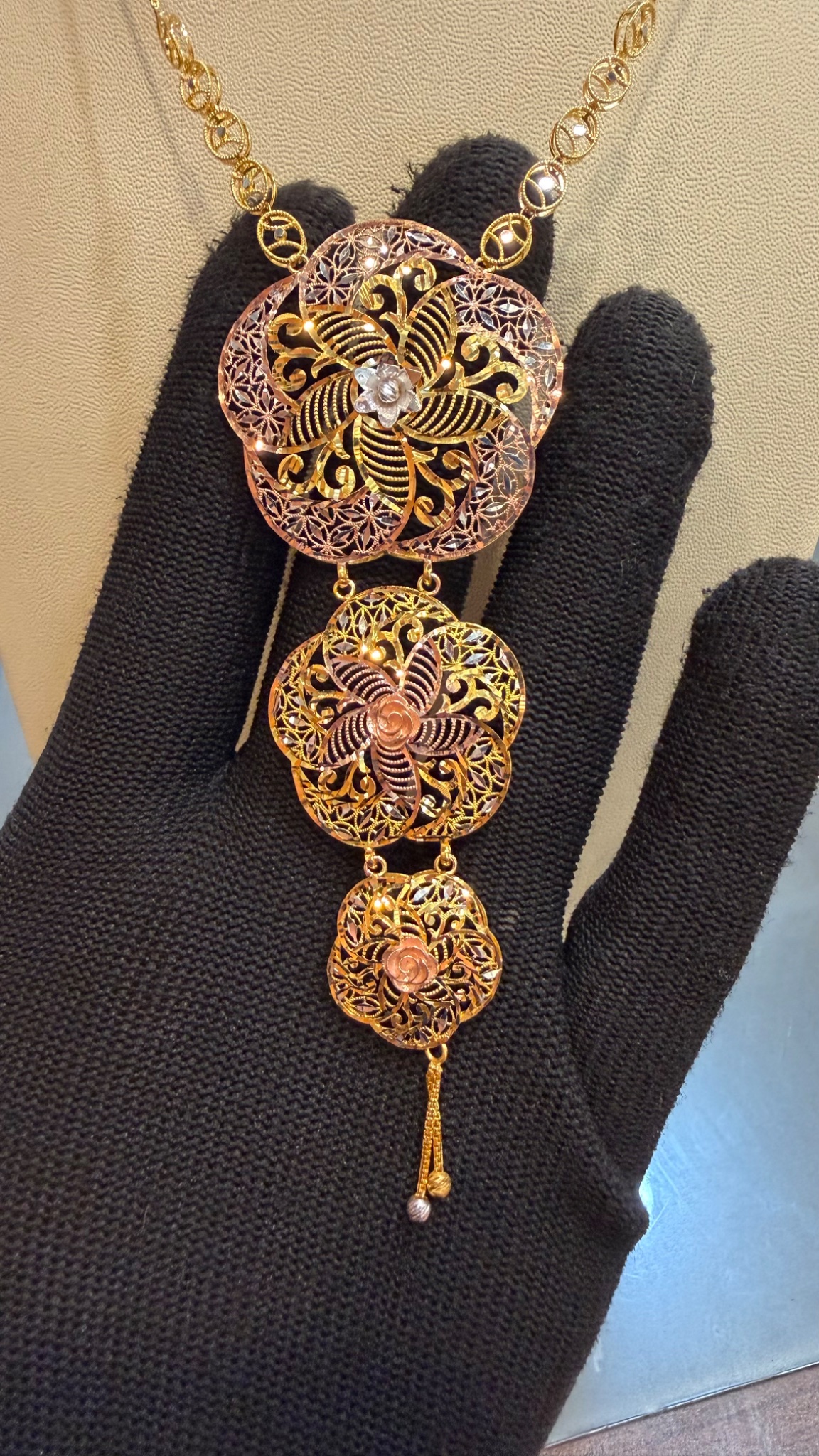 Elegant Three-Tier Filigree Floral Drop Necklace in Tri-Tone Gold - Image 2