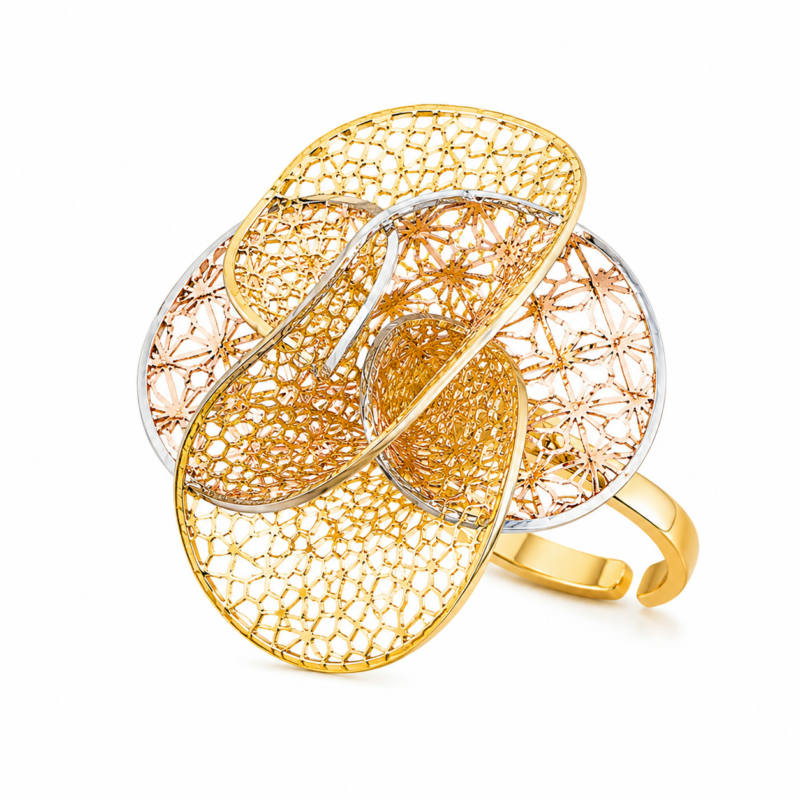 Elegant Tri-Tone Abstract Filigree Statement Ring – Adjustable Design