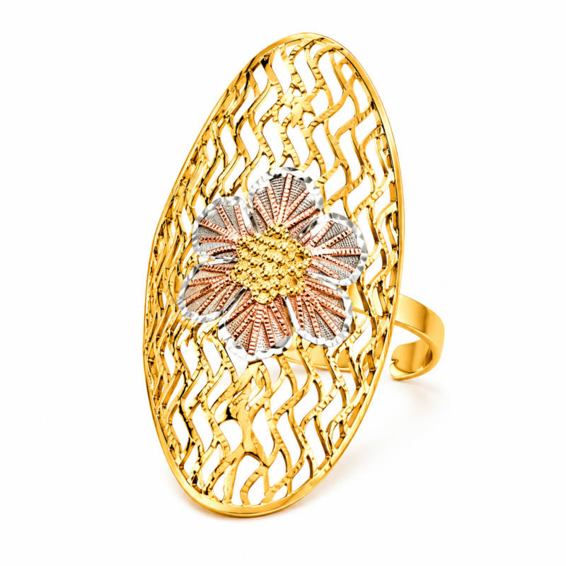 Elegant Tri-Tone Floral Filigree Statement Ring – Adjustable Design