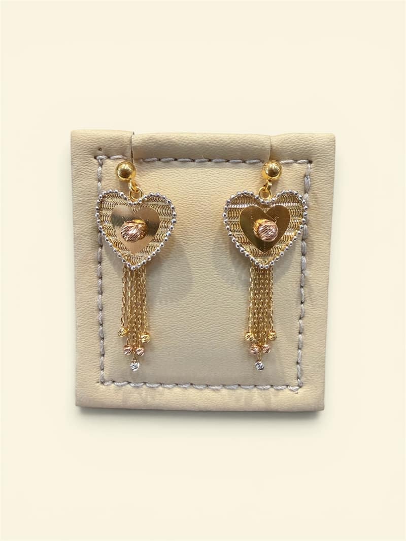 Elegant  Tri-Tone Gold Heart Tassel Drop Earrings