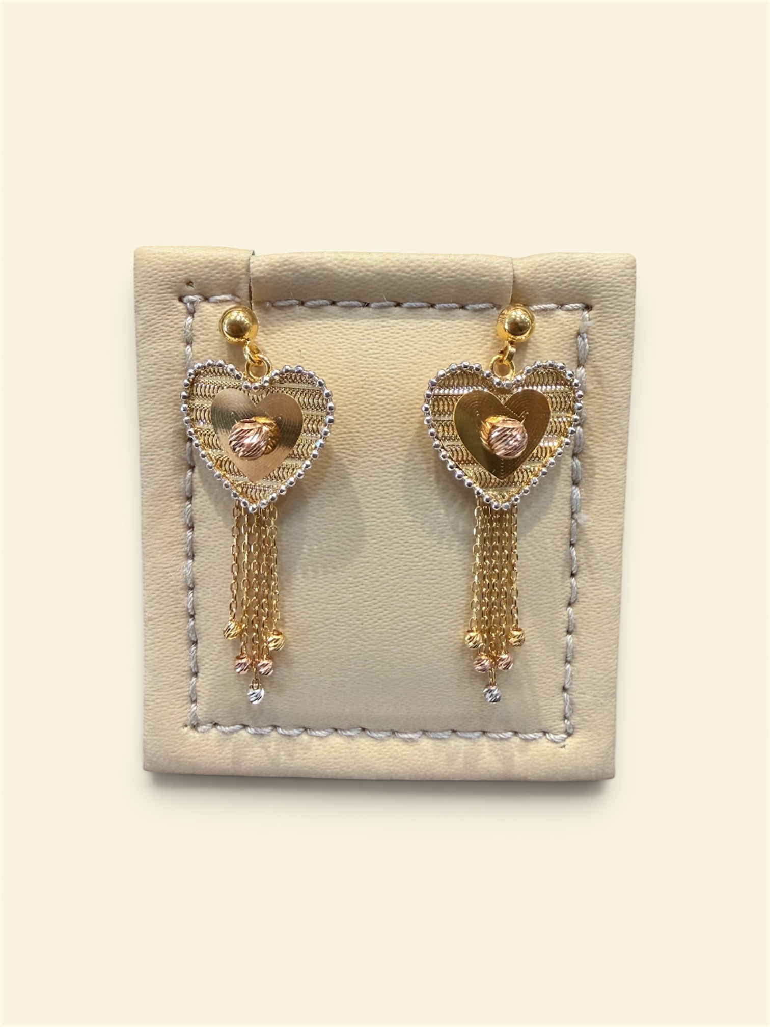 Elegant  Tri-Tone Gold Heart Tassel Drop Earrings
