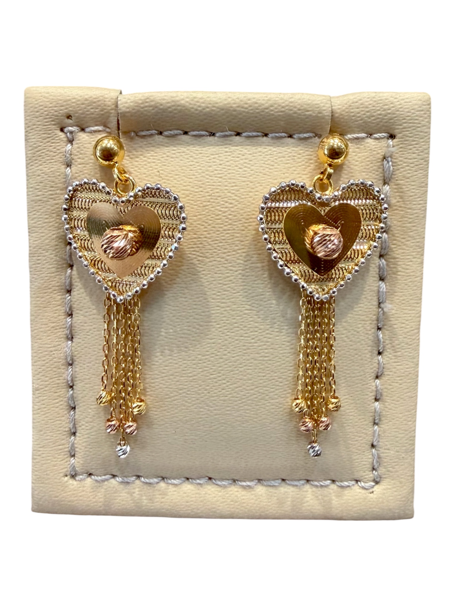 Elegant  Tri-Tone Gold Heart Tassel Drop Earrings - Image 2