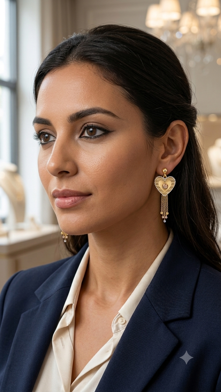 Elegant  Tri-Tone Gold Heart Tassel Drop Earrings - Image 3