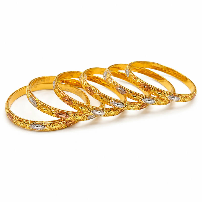 Elegant Tri-Tone Textured Bangle Set – 6 Pieces